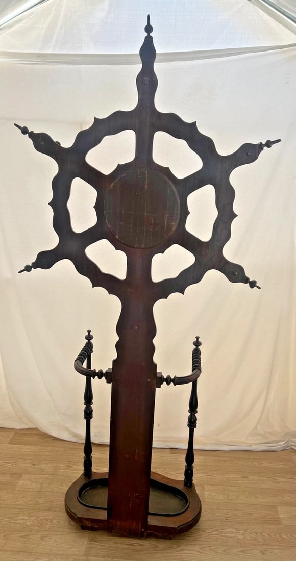 1900s Victorian Hall Tree Umbrella Stand Starburst Shape Round Mirror Iron Drip Pan - 6