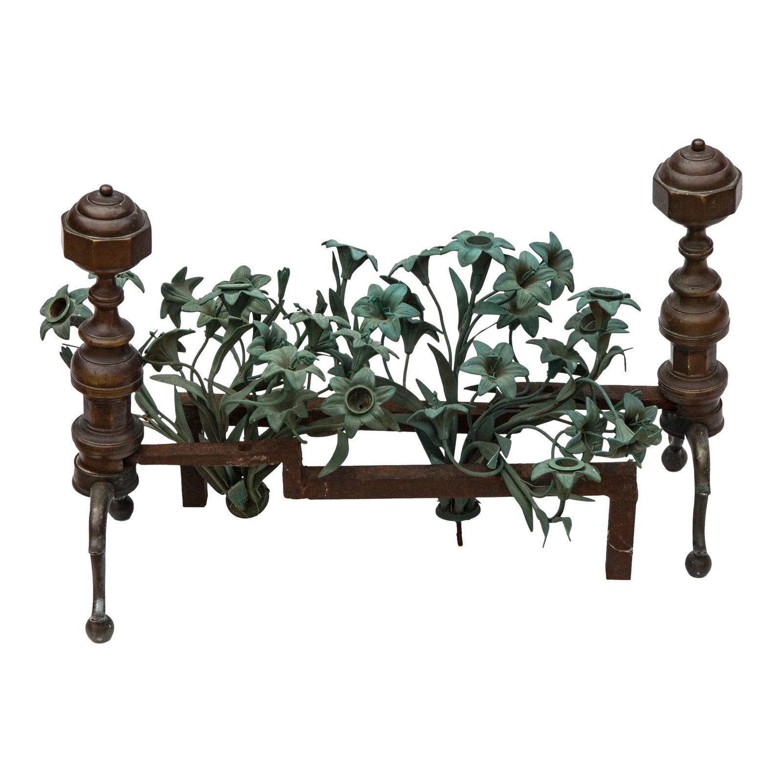 Andirons With Patinated Bronze Flower Bouquets: Andiron 17.5H, 23D, 12W Patinated Flowers 16H, 14D, 11W Condition: Alterations: Original Condition Unaltered Imperfections: Some Imperfections Condition Notes: Very good condition. Origin: United