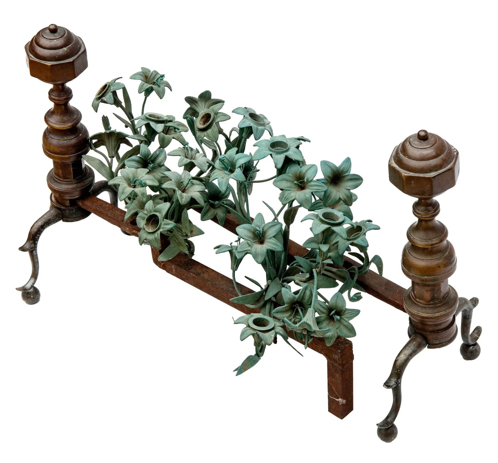 Andirons With Patinated Bronze Flower Bouquets - 2