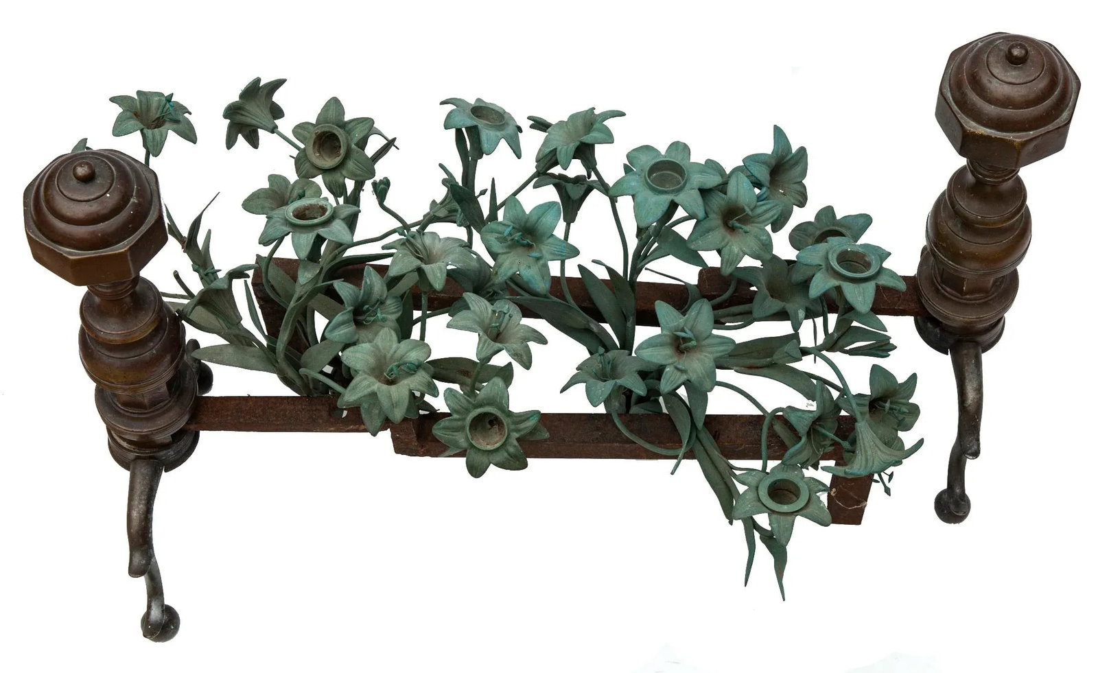Andirons With Patinated Bronze Flower Bouquets - 3