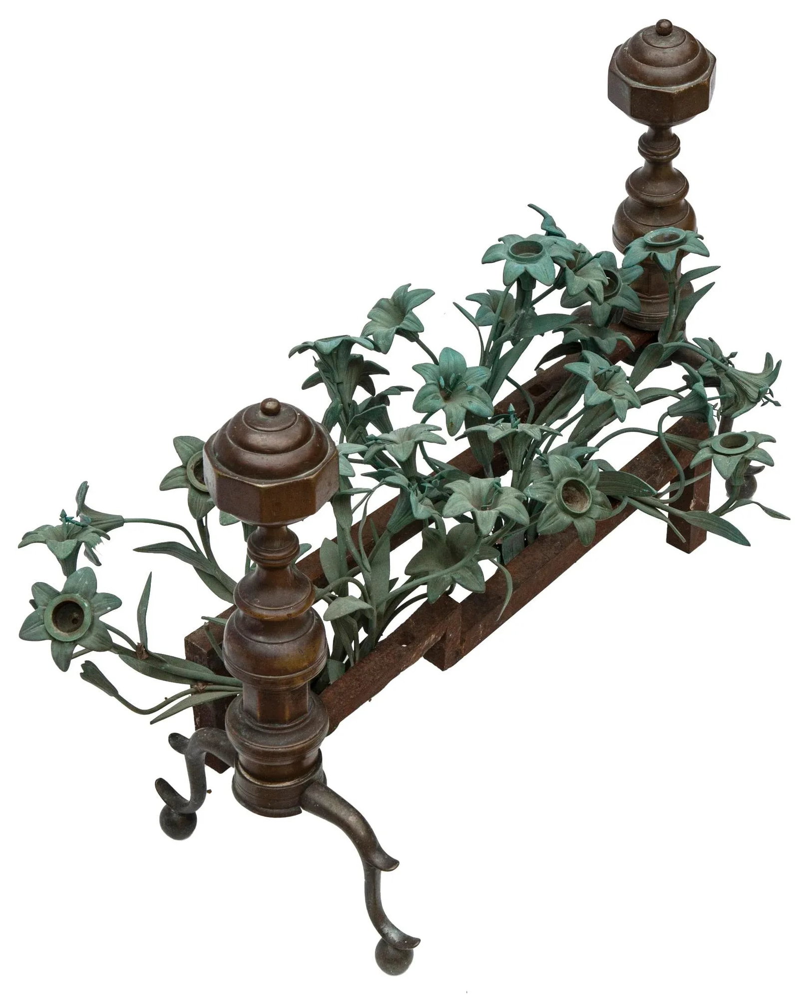 Andirons With Patinated Bronze Flower Bouquets - 4