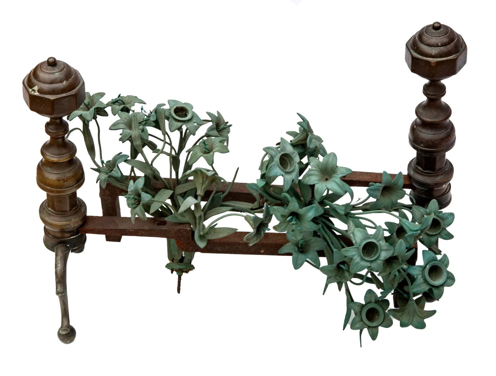 Andirons With Patinated Bronze Flower Bouquets - 5