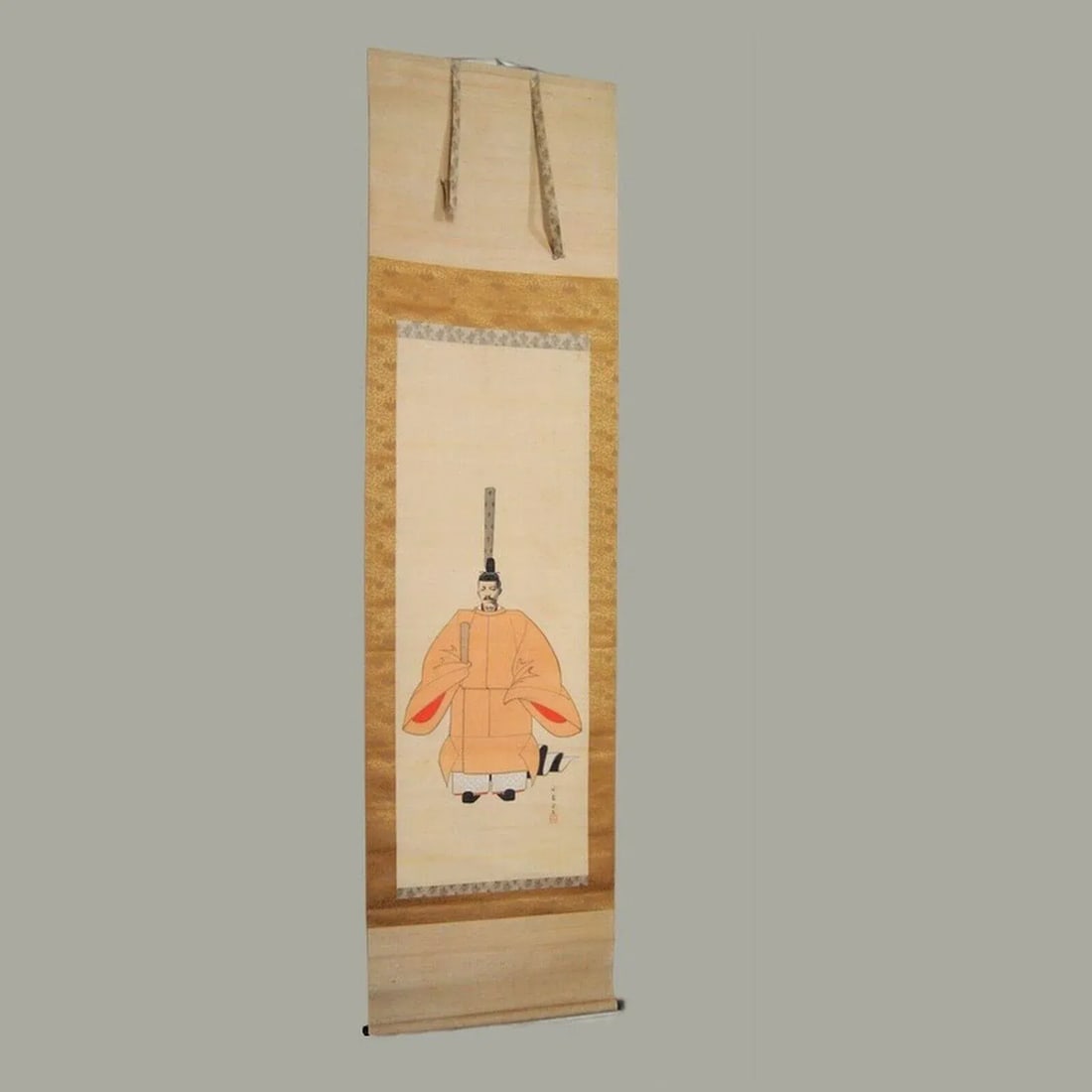 Japanese Emperor Taisho Scroll Ink on Silk Signed Gilt Laquered Wood Rollers - 10