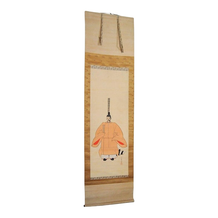 Japanese Emperor Taisho Scroll Ink on Silk Signed Gilt Laquered Wood Rollers: Authentic, hand painted Japanese Kakejiku Scroll depicting Emperor Taisho in Imperial Regalia. Wonderful pigments of bright colors are painted on silk, and the Kakejiku Scroll is signed (sealed). The
