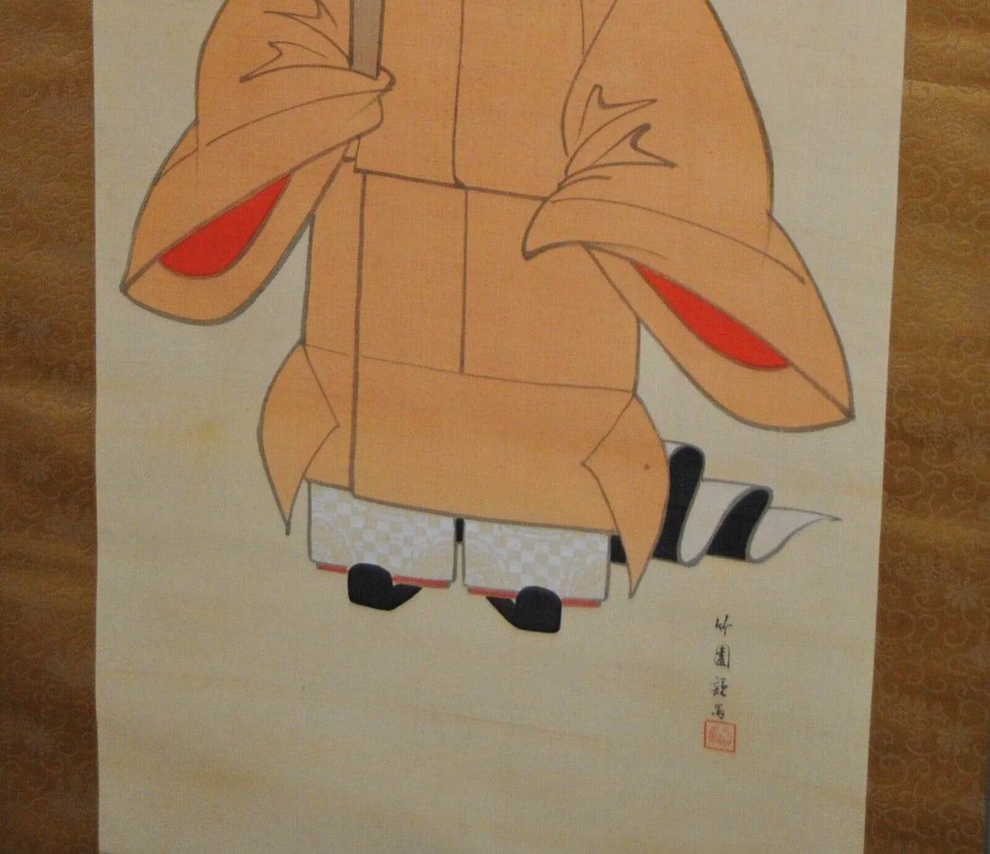 Japanese Emperor Taisho Scroll Ink on Silk Signed Gilt Laquered Wood Rollers - 6