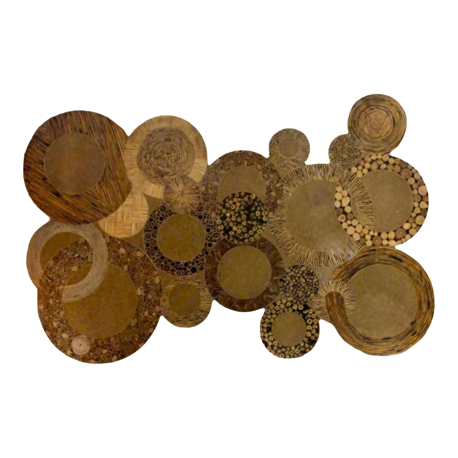 Wall Sculpture by Maitland Smith | Monumental| Rings of Wood Parquet: Maitland Smith, made in the Philippines, in the 1980s, large 6' x 4' wall art comprised of elaborately detailed, multiple variations of natural bamboo and wood veneer creating overlapping rings and ci