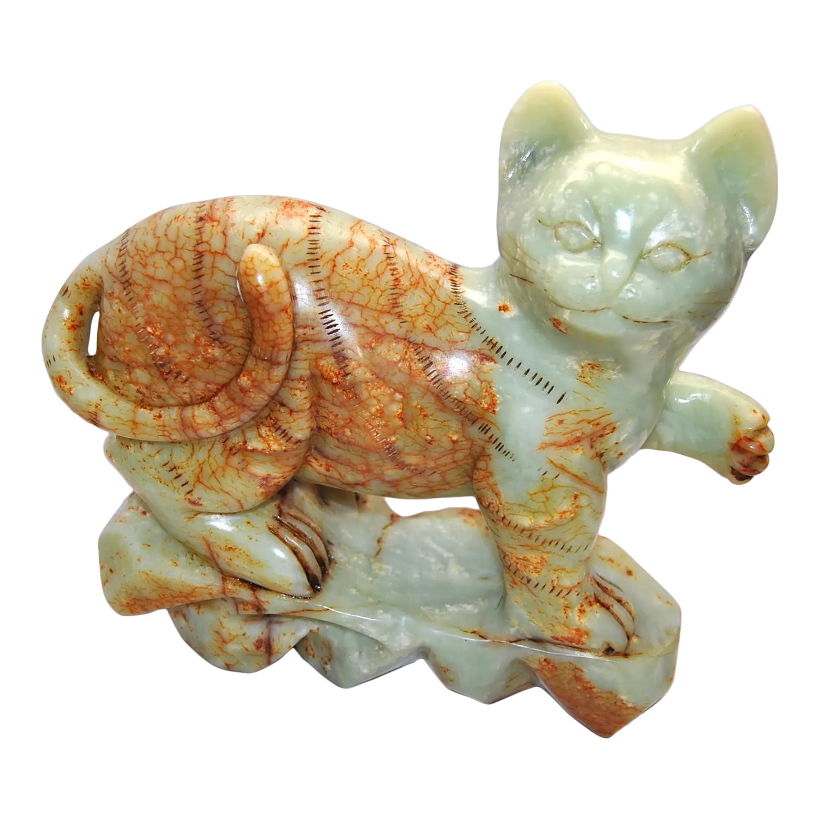 Antique Jade Green Onyx Buddhist Cat Sculpture Maneki-Neko (1 of 12)