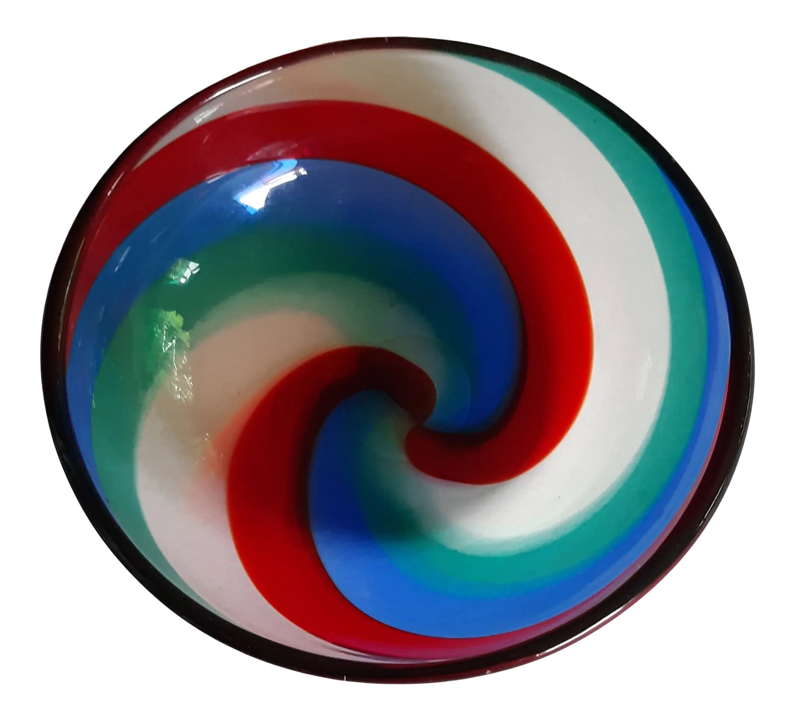 Vintage Fulvio Bianconi Fasce Ritorte Bowl Red Green Blue Signed Murano Italia: Vintage Fulvio Bianconi Fasce Ritorte style bowl in the highly desirable spiral motif . Bowl is signed VENINI ITALIA. Condition: Alterations: Original Condition Unaltered Imperfections: Some Imperfect