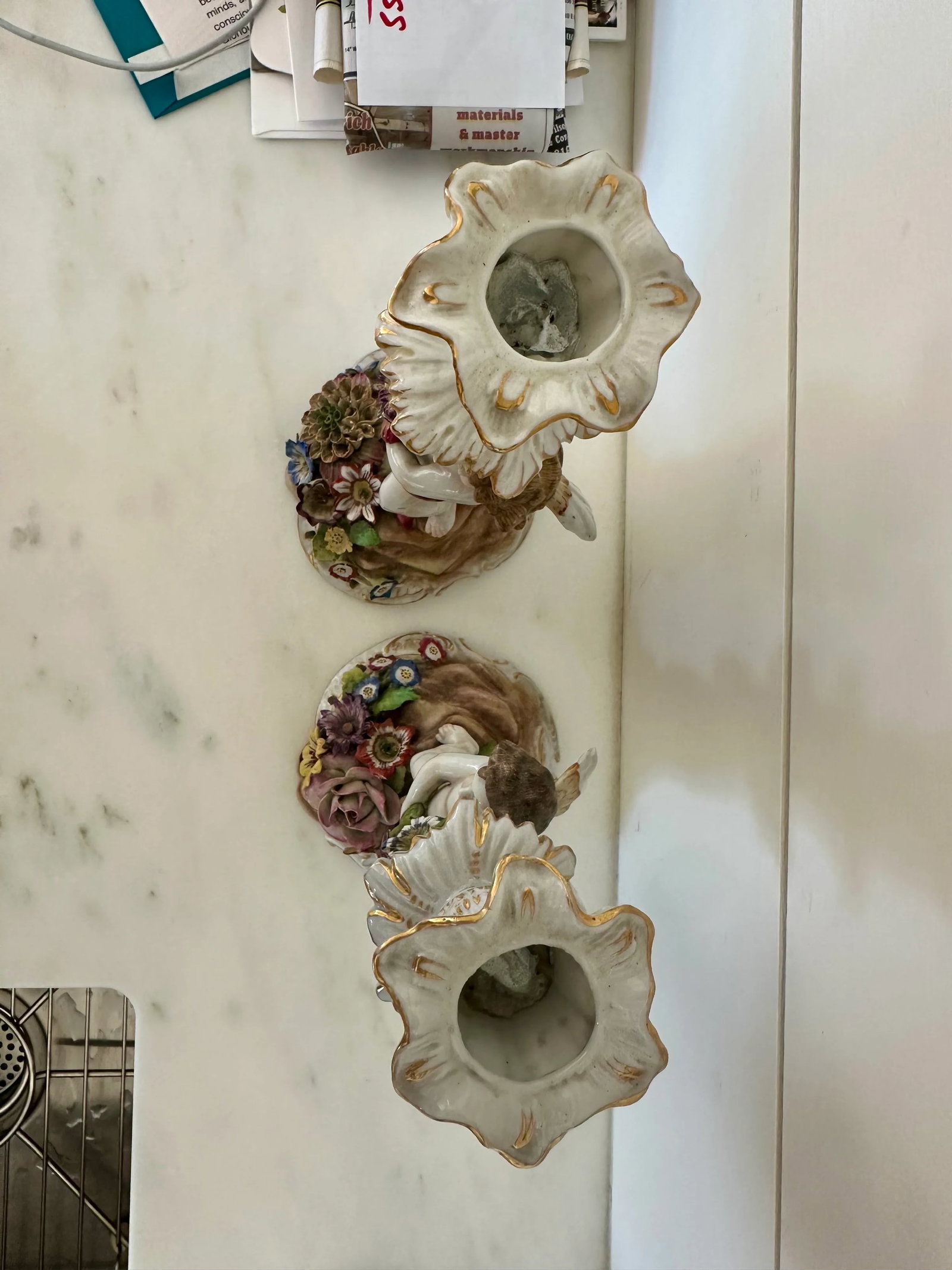 Pair of Antique Dresden Porcelain Candlesticks - Rococo Style With Cherubs & Floral Detail - 10