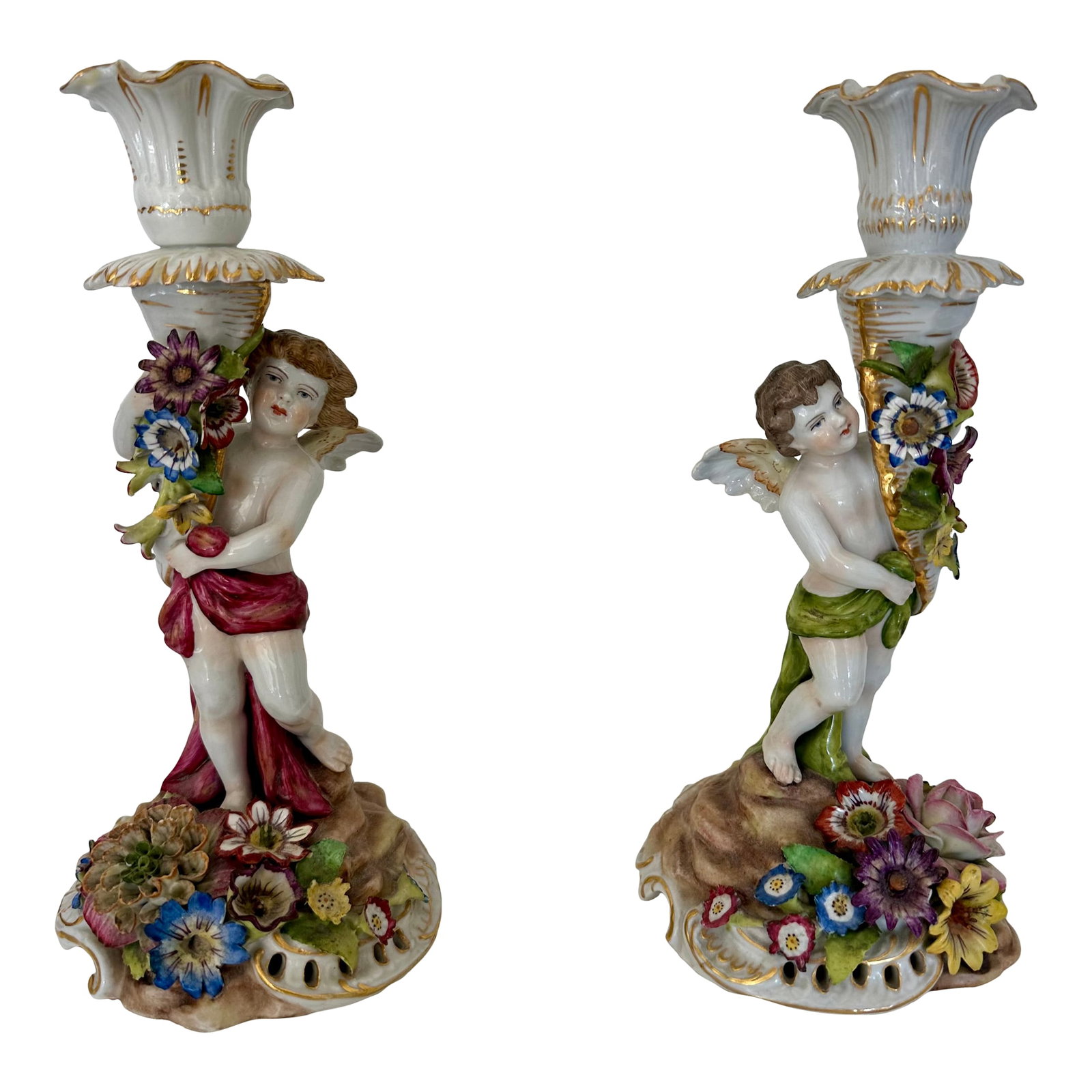 Pair of Antique Dresden Porcelain Candlesticks - Rococo Style With Cherubs & Floral Detail (1 of 15)