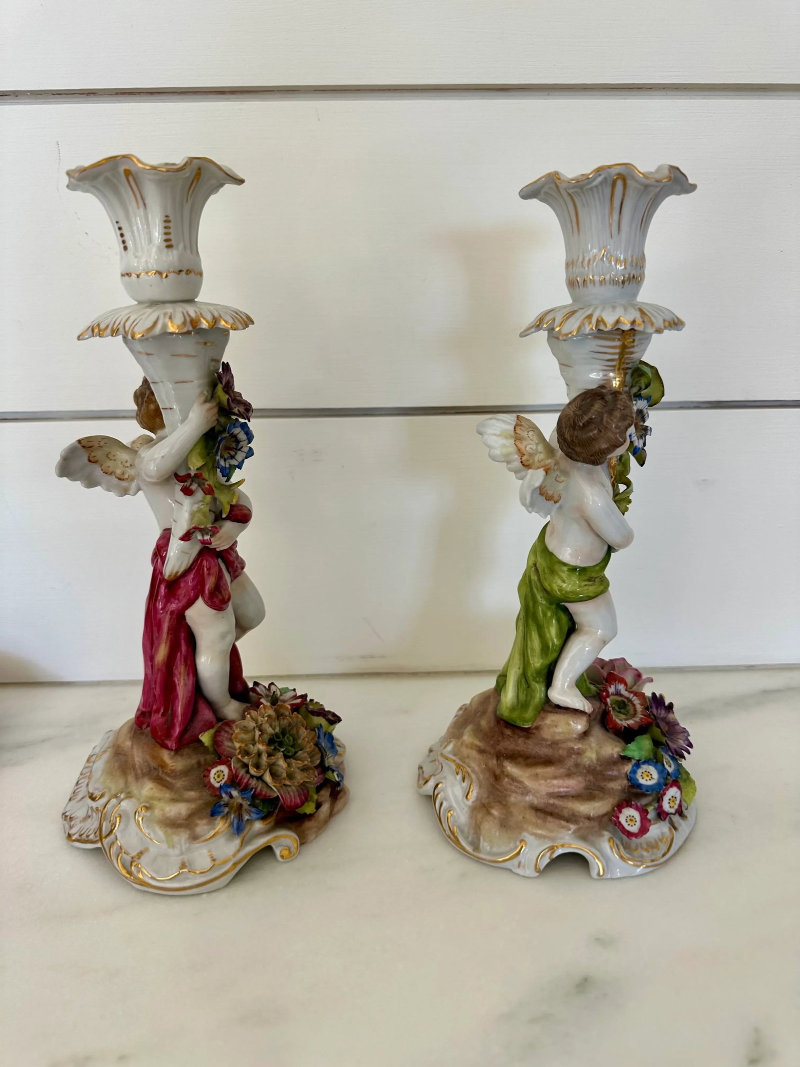 Pair of Antique Dresden Porcelain Candlesticks - Rococo Style With Cherubs & Floral Detail - 2