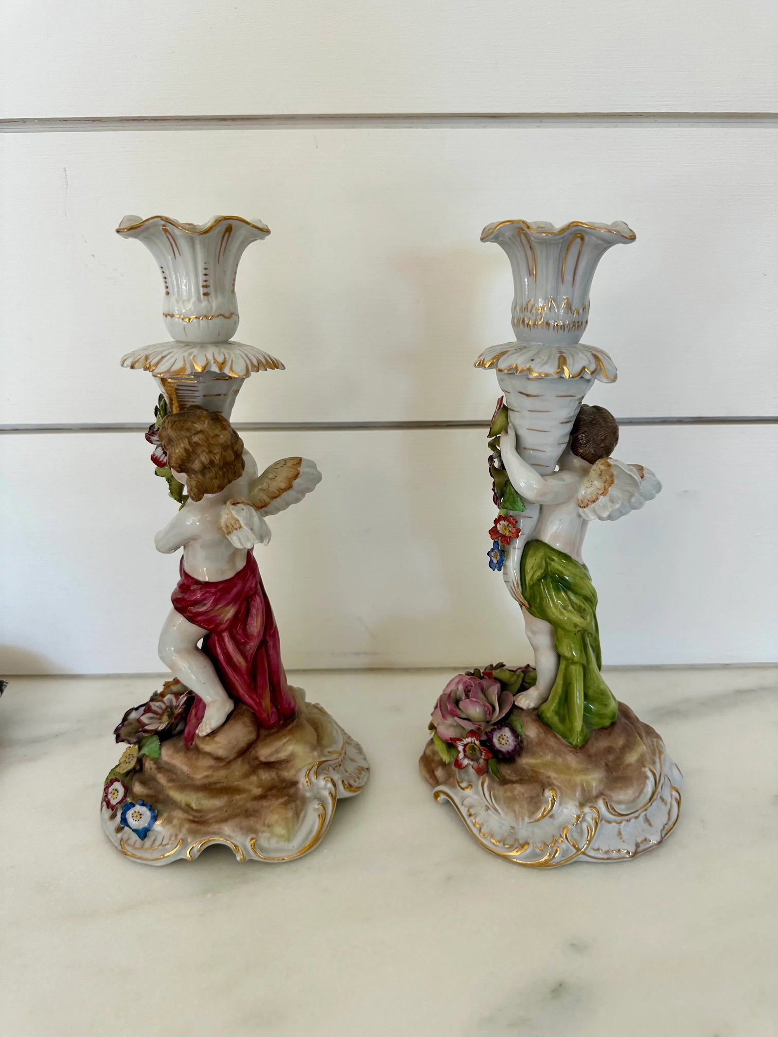 Pair of Antique Dresden Porcelain Candlesticks - Rococo Style With Cherubs & Floral Detail - 3