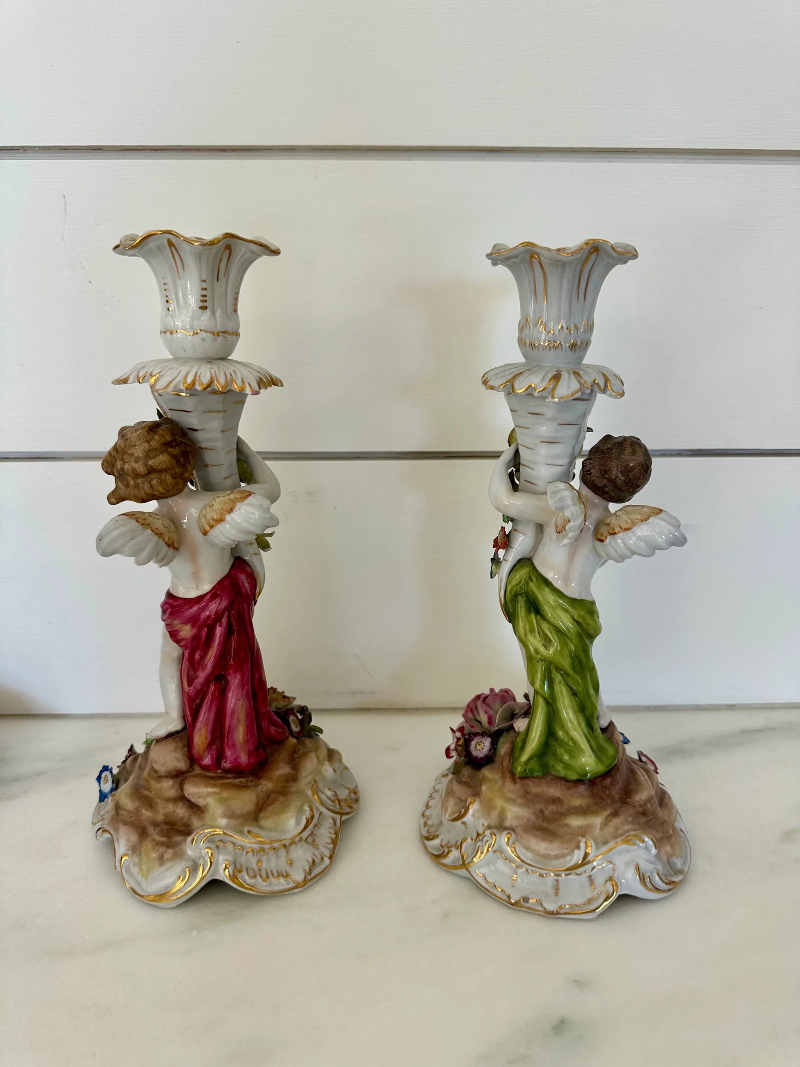 Pair of Antique Dresden Porcelain Candlesticks - Rococo Style With Cherubs & Floral Detail - 4