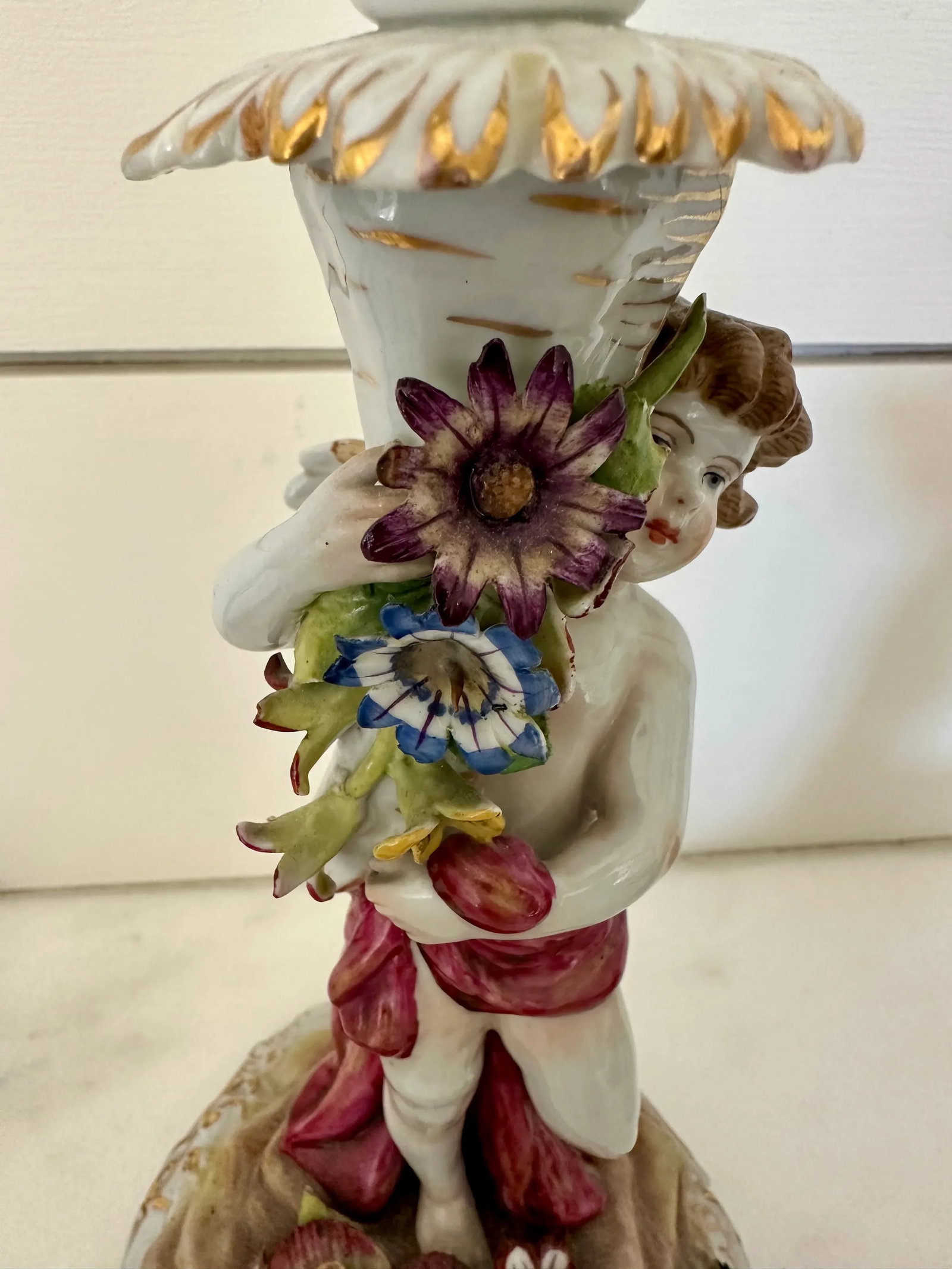 Pair of Antique Dresden Porcelain Candlesticks - Rococo Style With Cherubs & Floral Detail - 5
