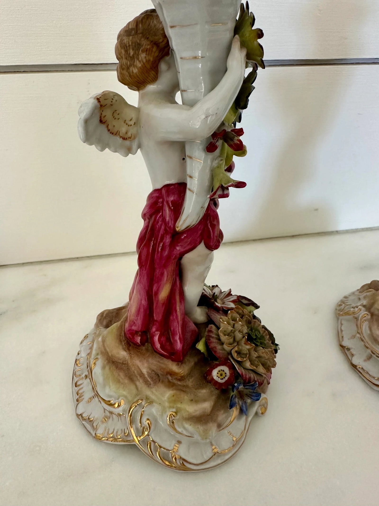 Pair of Antique Dresden Porcelain Candlesticks - Rococo Style With Cherubs & Floral Detail - 7