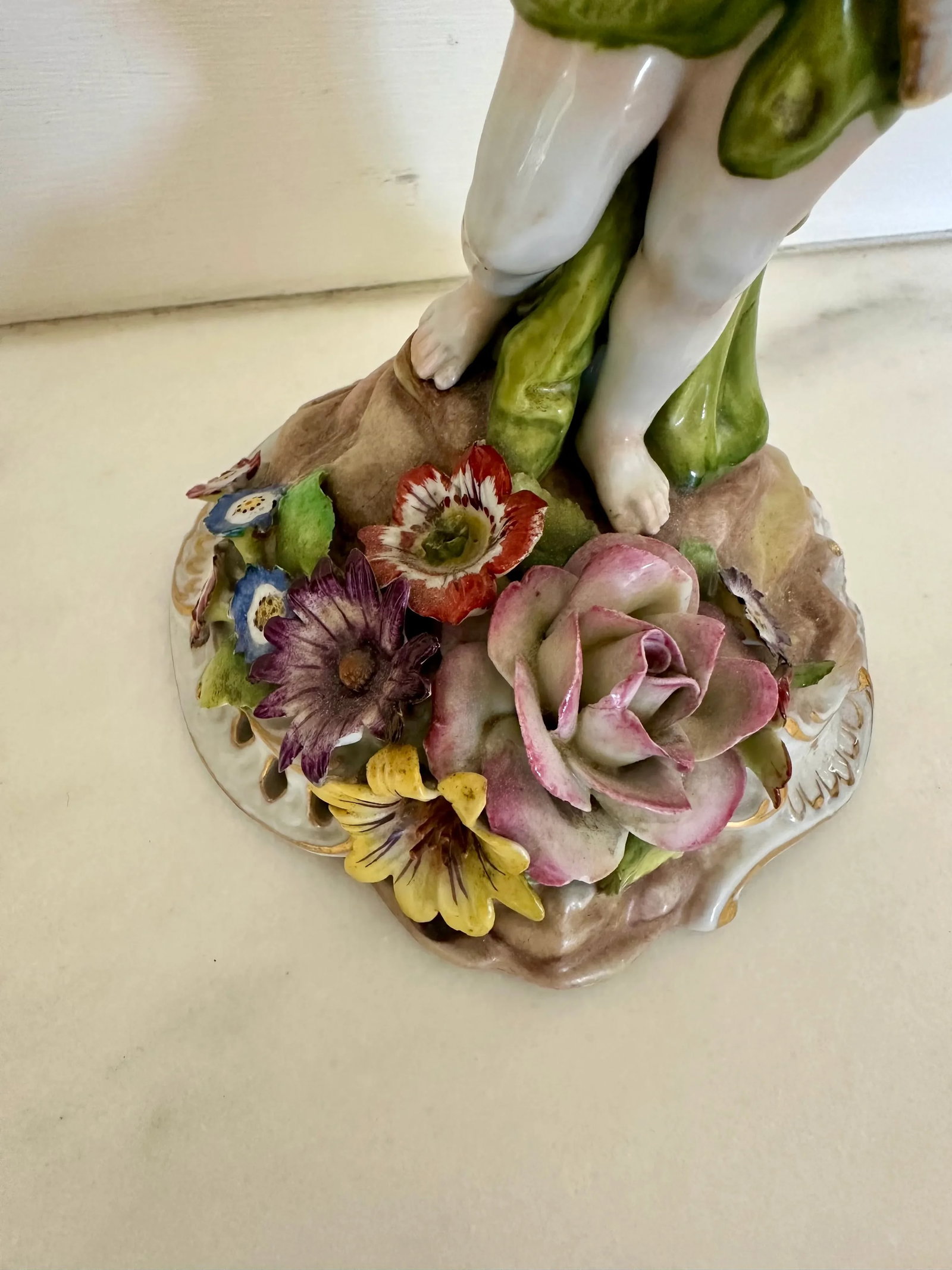 Pair of Antique Dresden Porcelain Candlesticks - Rococo Style With Cherubs & Floral Detail - 9