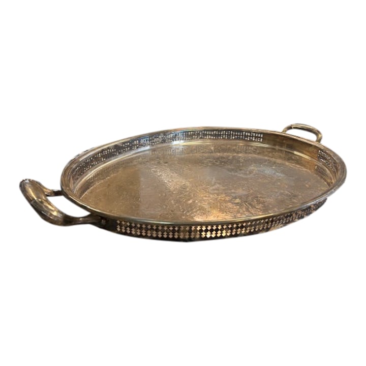1940s Gohram Newport Silverplate Yb606 Tray: A 1940" Vintage Newport silverplate, originally $1815 and is unused, out of box newly refurbished! Featuring ornate floral etching, pierced gallery sides, and dual handles Condition: Alterations: Orig