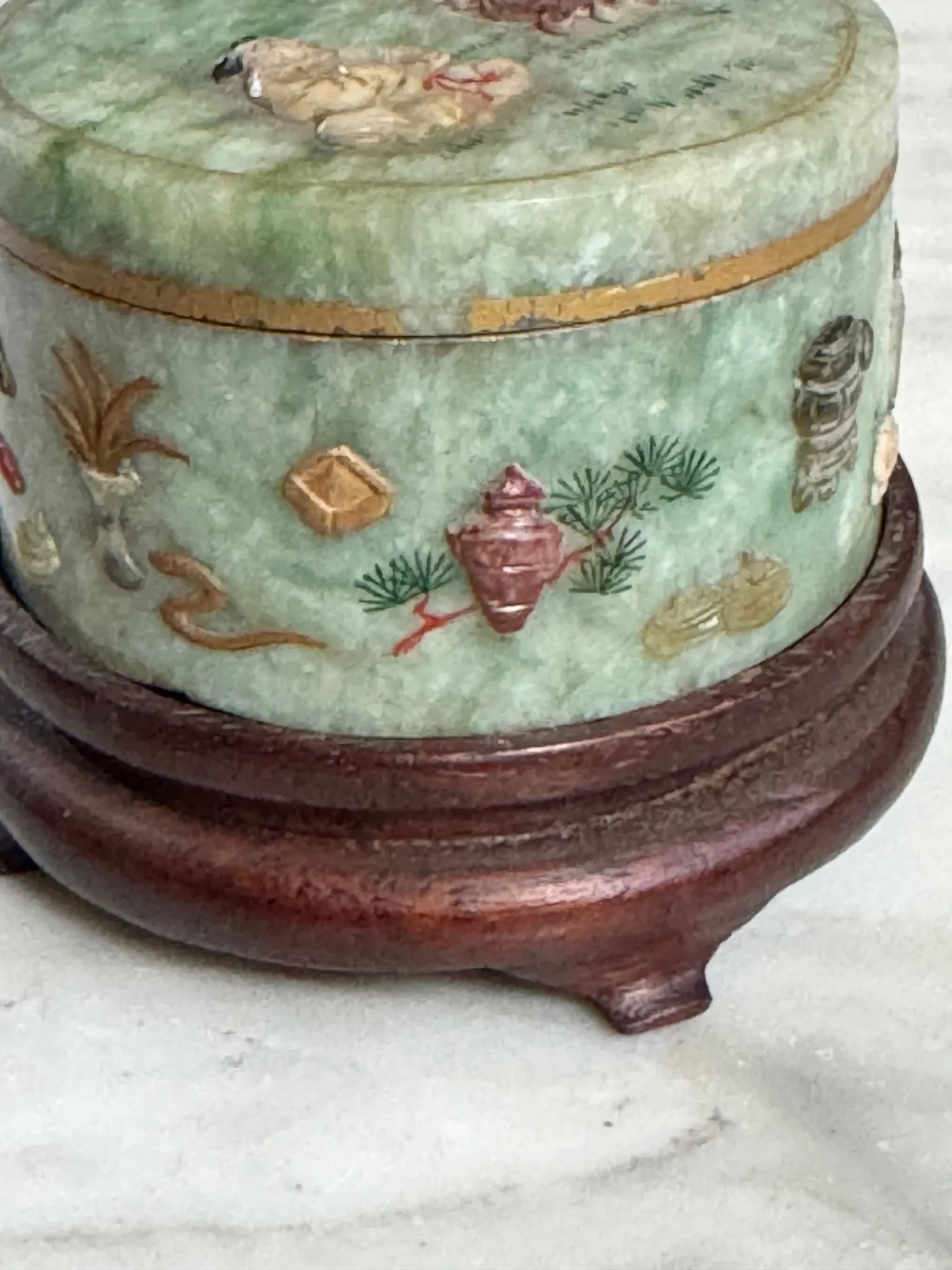 Circa 1900 Republic Era Chinese Apple Green Jadeite & Applique Designs Small Box - 10