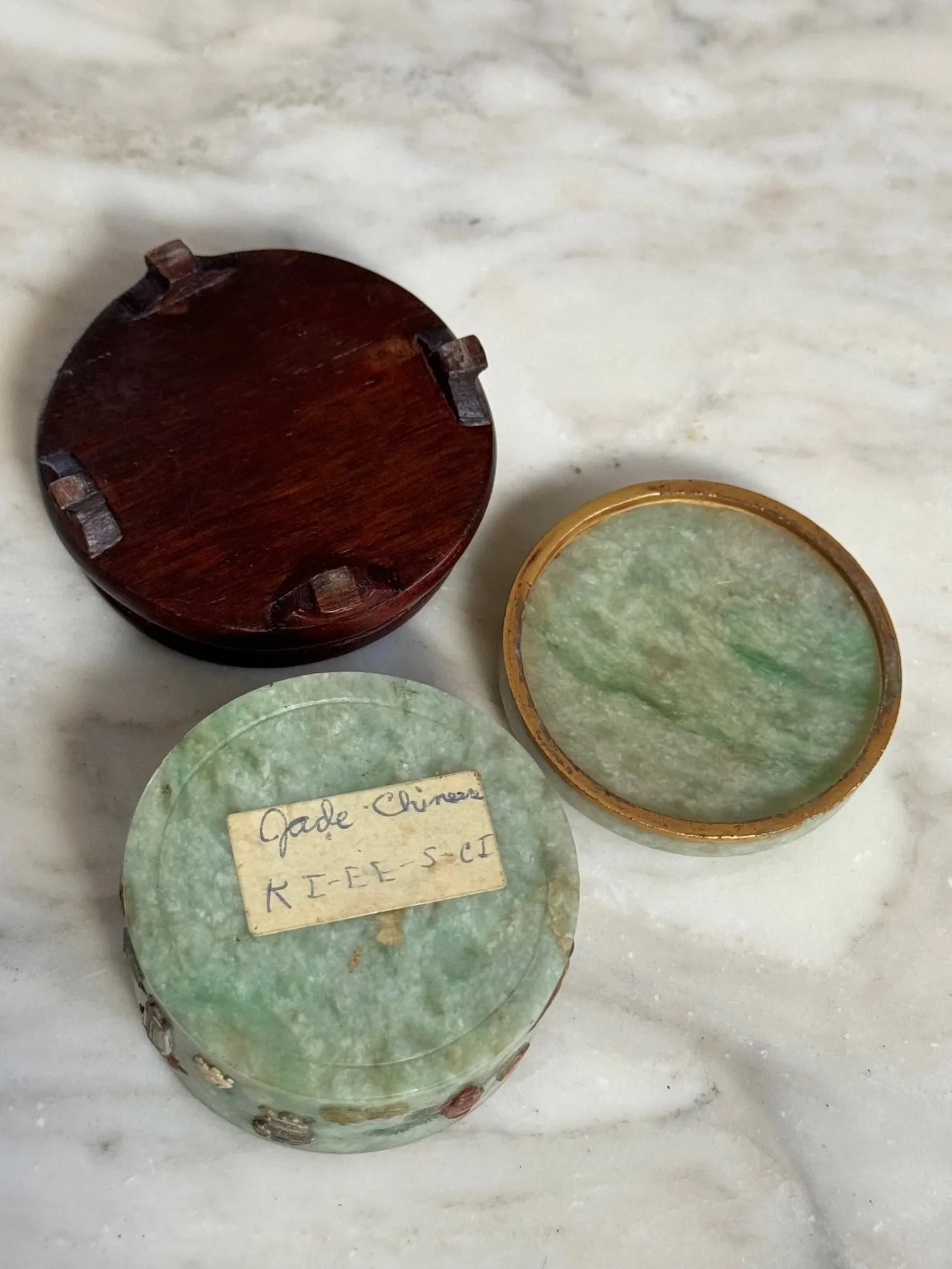 Circa 1900 Republic Era Chinese Apple Green Jadeite & Applique Designs Small Box - 12