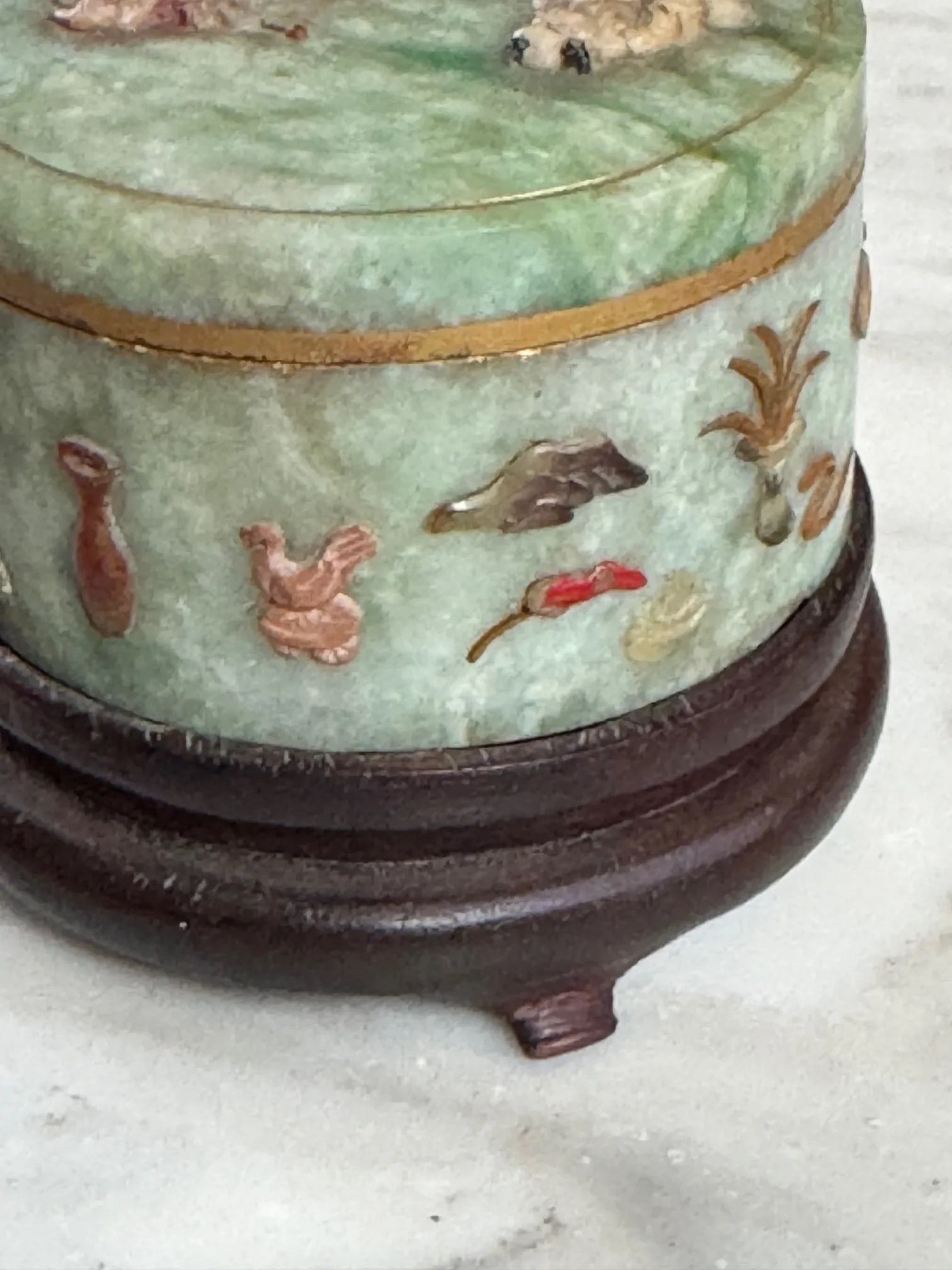 Circa 1900 Republic Era Chinese Apple Green Jadeite & Applique Designs Small Box - 9