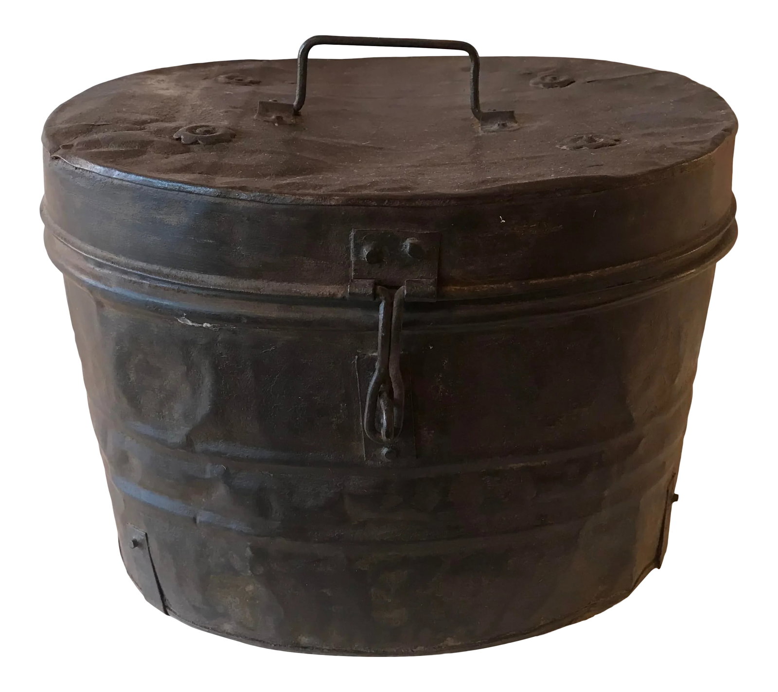 Vintage Metal Storage Container: Wonderful weathered metal storage container with closing latch and handle. The inside is clean and this can be used for a myriad of things and it displays very nicely. Condition: Alterations: