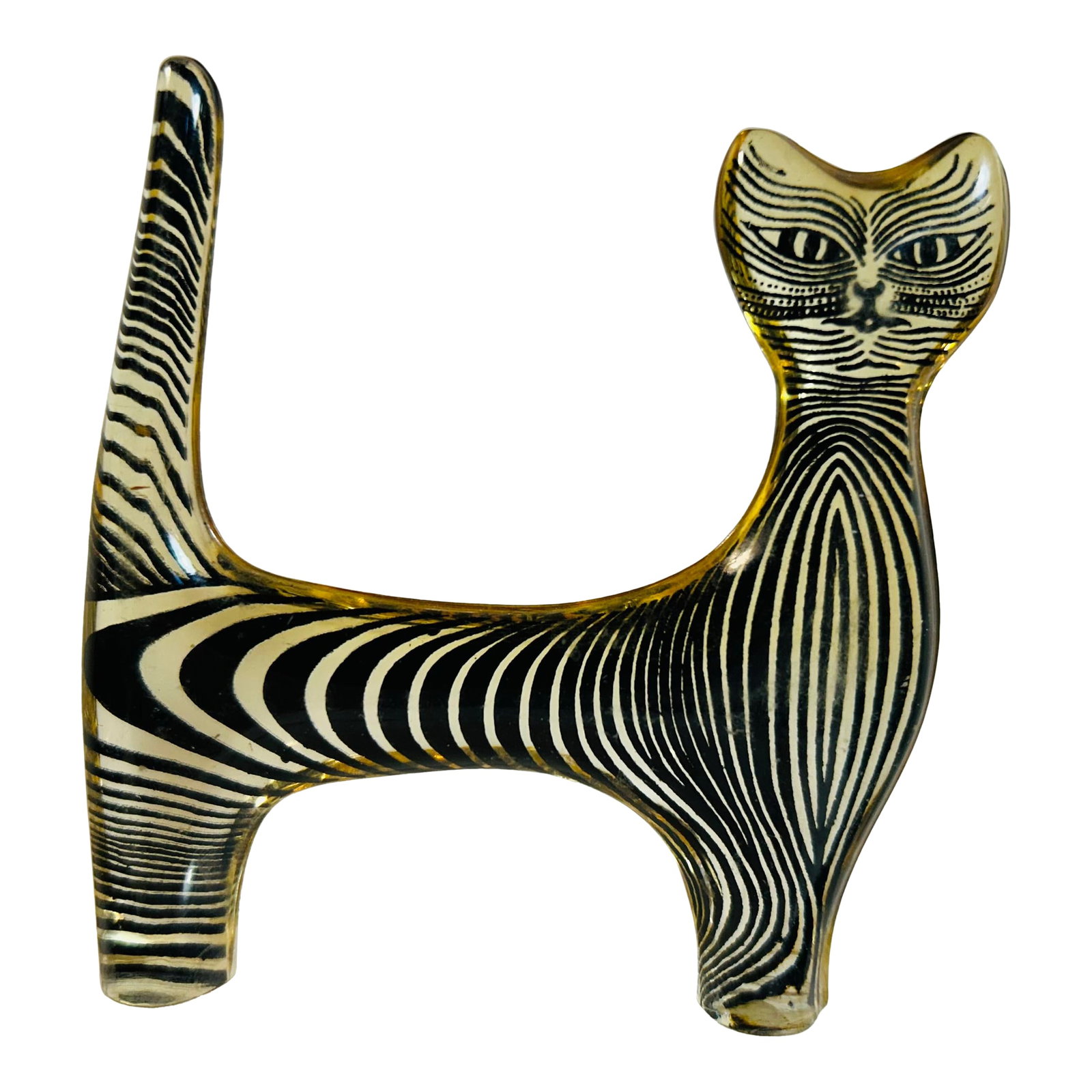 Vintage Op Art Lucite Striped Cat by Brazilian Artist Abraham Palatnik: Optical Art (Op-Art) piece by renowned Brazilian artist Abraham Palatnik. Part of a series of lucite animals produced in 1960-70's. Features a striped standing flat faced cat. Measures approximately