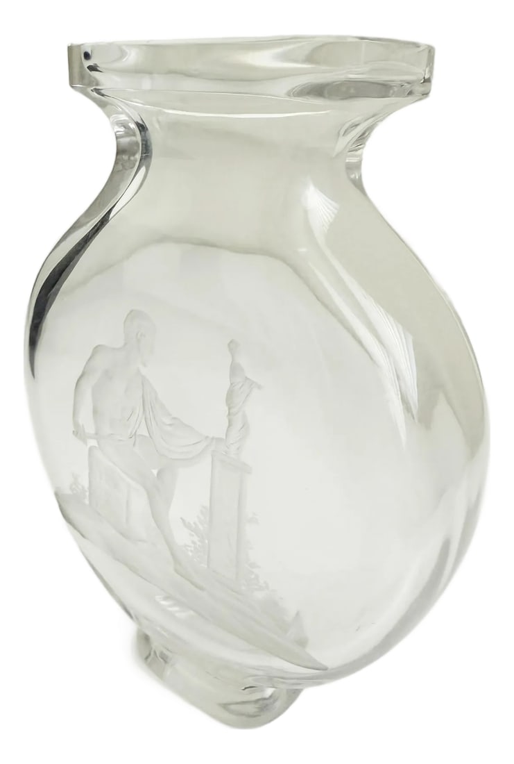 1880s Baccarat Crystal Vase With Neoclassic Intaglio Design: A very handsome example of rock crystal attributed to Baccarat, produced in the late 19th century in France. Baccarat designed this piece using an intaglio, or etched, technique on the front face.