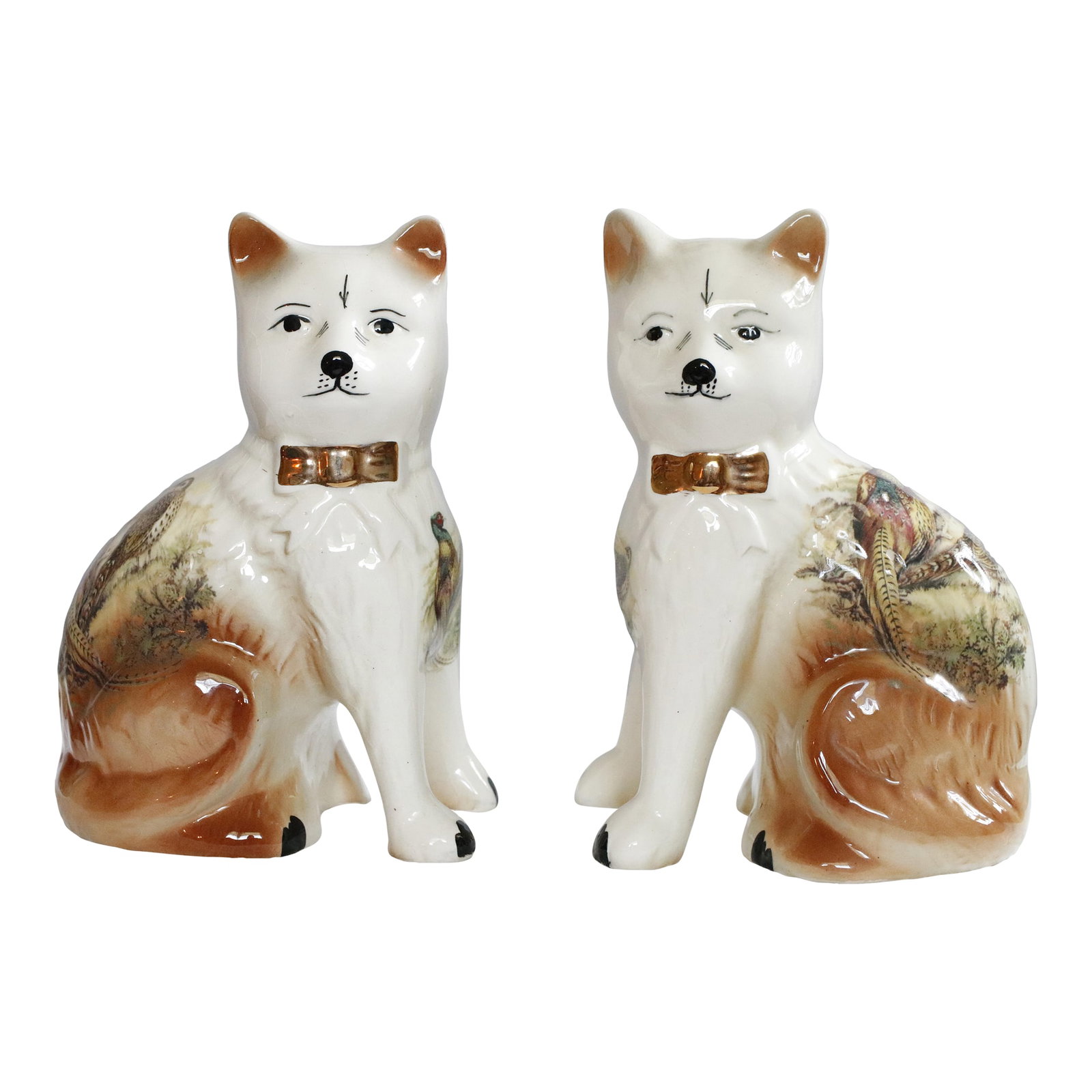 Pair of Staffordshire English Porcelain Cats With Painted Pheasants: Rare & stunning pair of large vintage Staffordshire English porcelain cats with hand-painted unique faces, gold details, and pheasants in grass scenes. They show all of the whimsical, handcrafted char