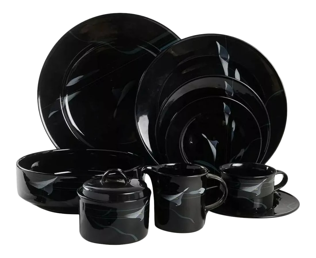1980s Mikasa Galleria Opus Black Dinnerware Full Set - 50 Piece Set: You can't find this full dinnerware set anywhere online. It's extremely rare and it is in perfect condition. It's even got the sugar holder, the butter dish and the gravy guy! Make your 80s dreams