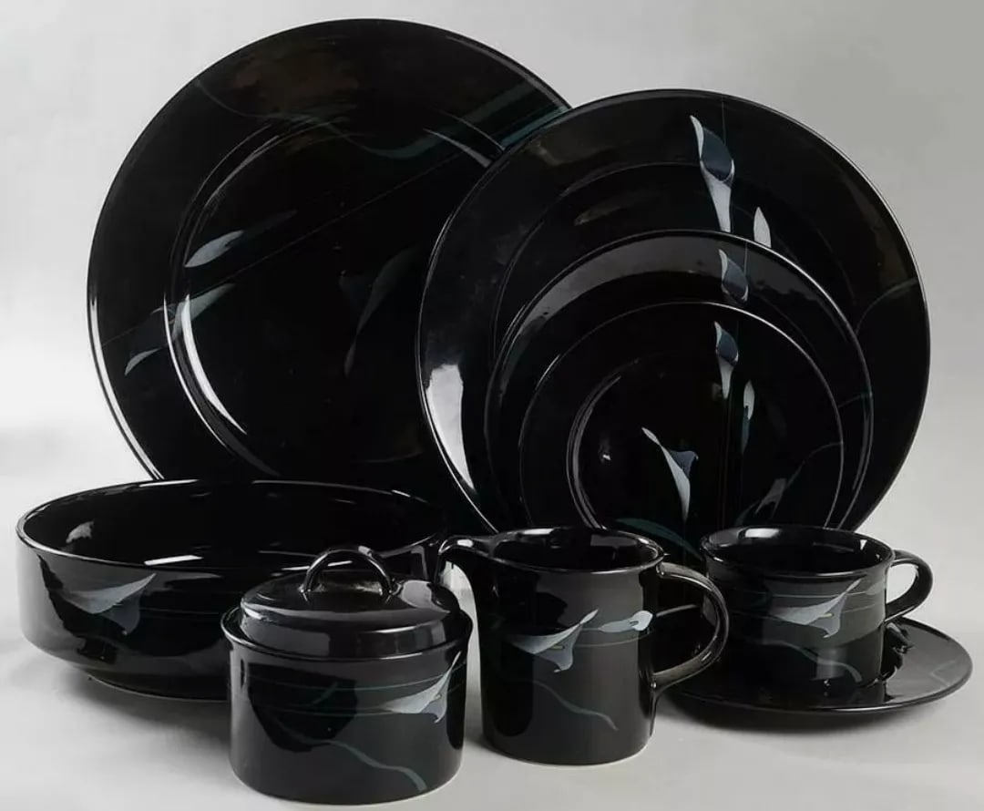 1980s Mikasa Galleria Opus Black Dinnerware Full Set - 50 Piece Set - 7