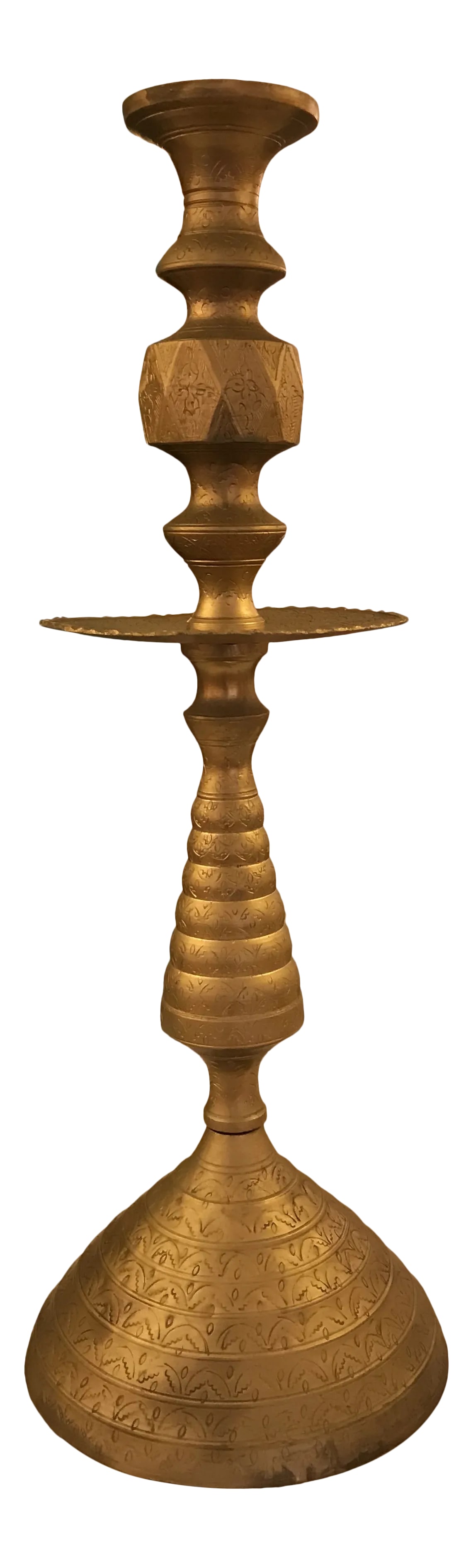Brass Incised Tall Hand - Made Candleholder: Tall brass candle holder with wonderful hand-incised designs. It has multi tiers and a mix of wonderful shapes. This piece stands out where ever it's placed. Condition: Alterations: Original