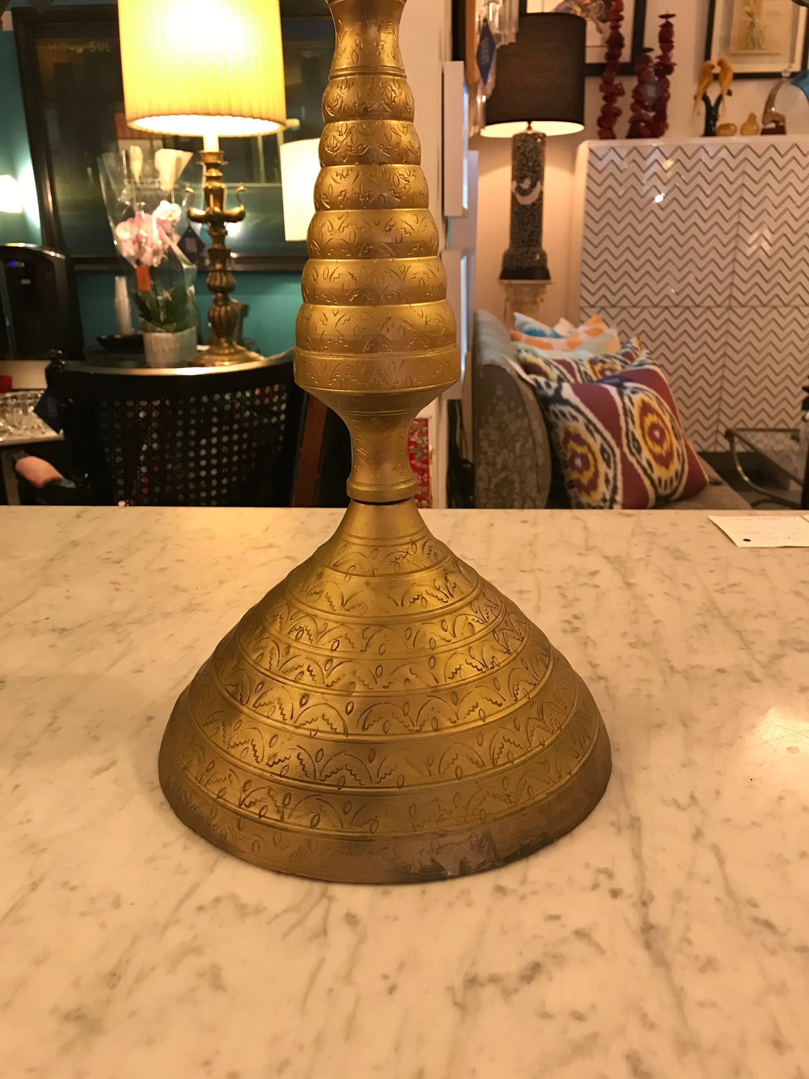 Brass Incised Tall Hand - Made Candleholder - 3