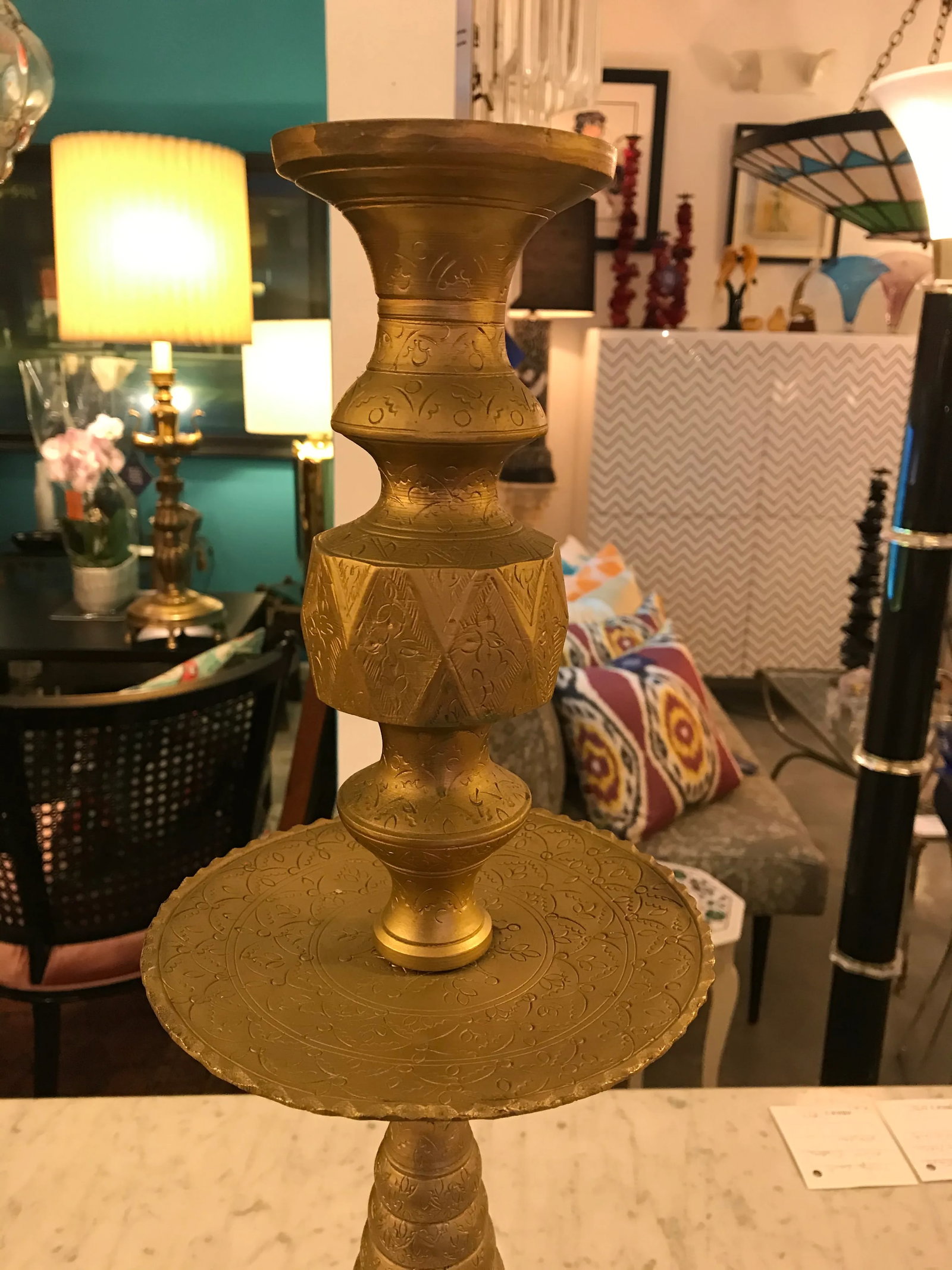 Brass Incised Tall Hand - Made Candleholder - 4
