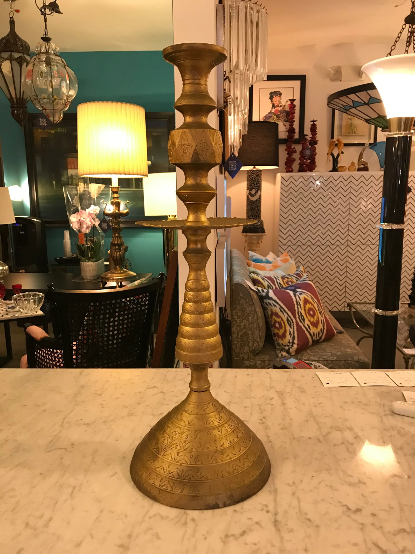 Brass Incised Tall Hand - Made Candleholder - 8