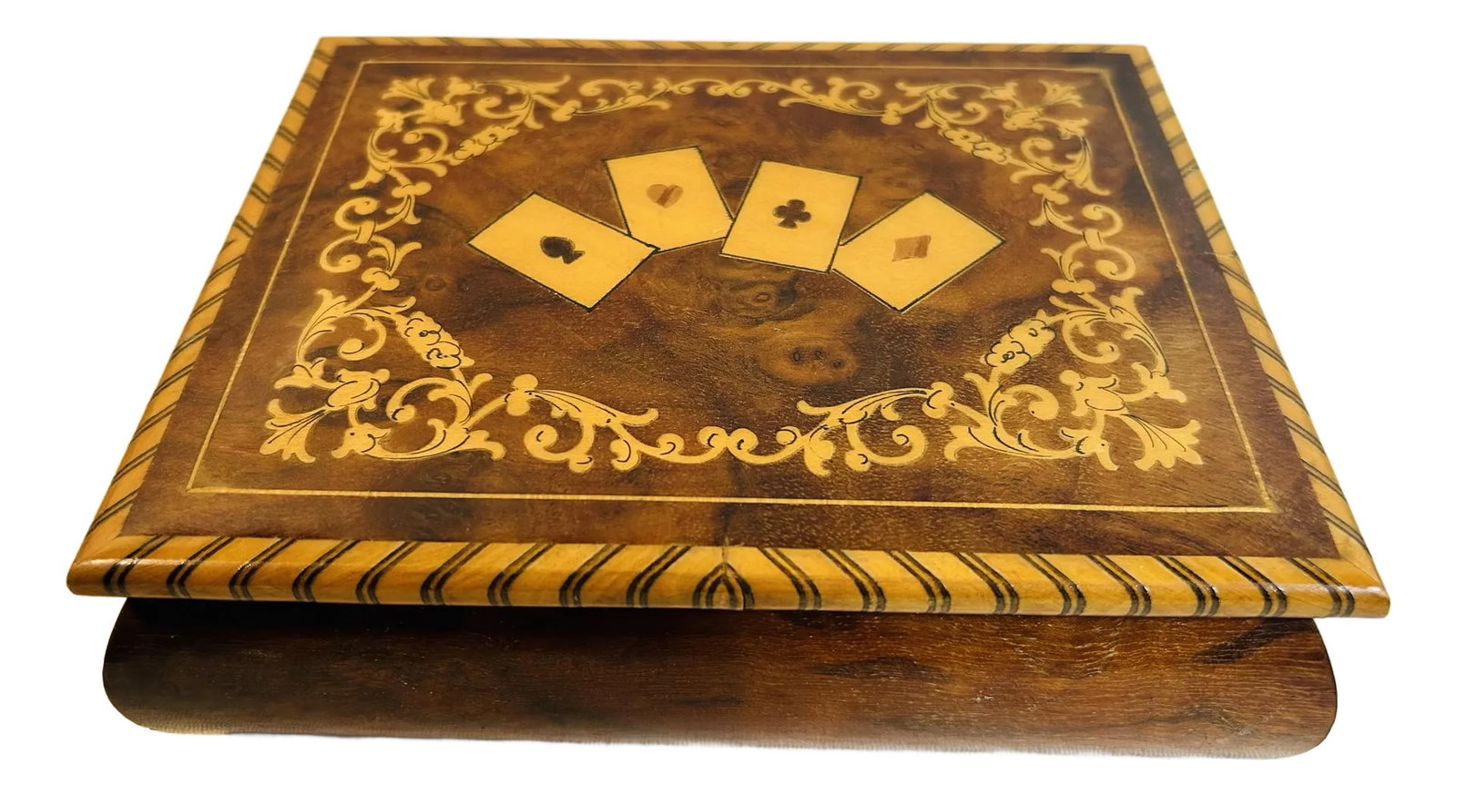 Vintage 1960's Italian Inlaid Wood Card Box: Vintage inlaid wood card box, made in Italy. Comes with two vintage decks of cards. Beautiful inlaid design on top featuring the suites of cards. Made in Italy label on bottom. Condition:
