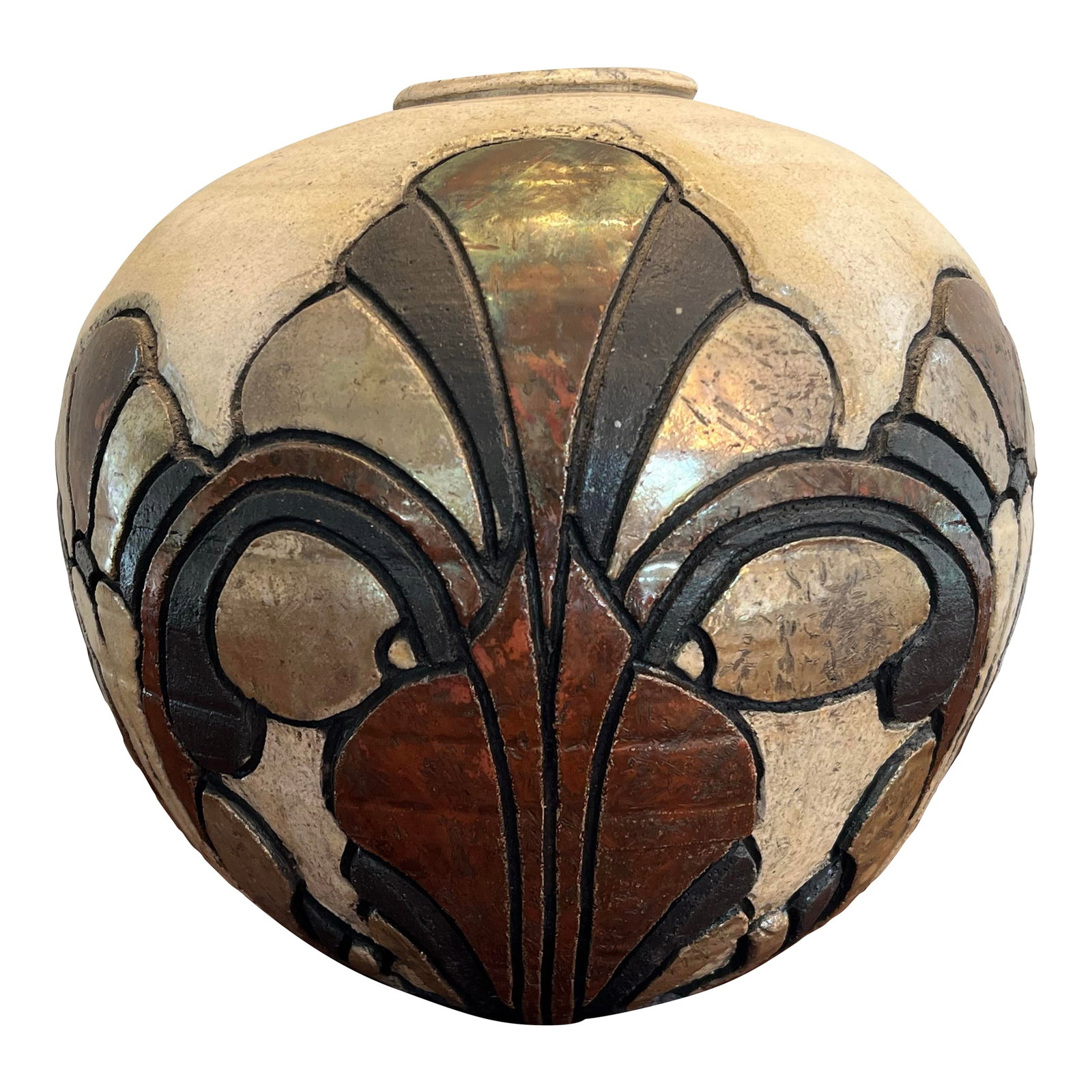 1980s Signed Art Nouveau Inspired Ceramic Vase Vessel: Underside signed illegibly. Art Nouveau Inspired Signed Art Pottery Vase with Copper and Silver toned Decoration. Vase has small lip to rim. Vase has multi toned relief detail. Piece measures approxim