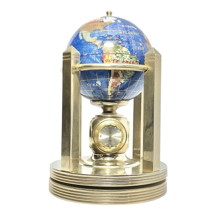 1990s Alexander Kalifano 3-Timepieces Thermometer Rotating Gemstone Brass Globe (1 of 8)