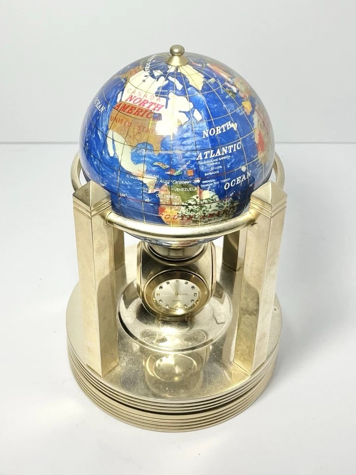 1990s Alexander Kalifano 3-Timepieces Thermometer Rotating Gemstone Brass Globe - 2