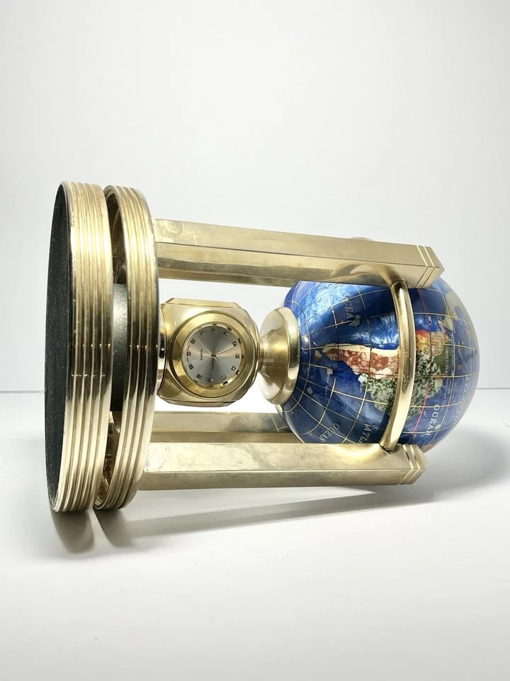 1990s Alexander Kalifano 3-Timepieces Thermometer Rotating Gemstone Brass Globe - 3
