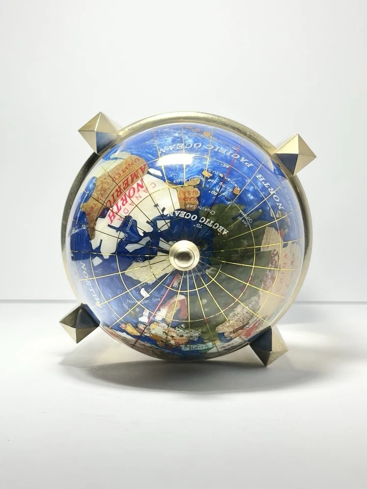 1990s Alexander Kalifano 3-Timepieces Thermometer Rotating Gemstone Brass Globe - 4
