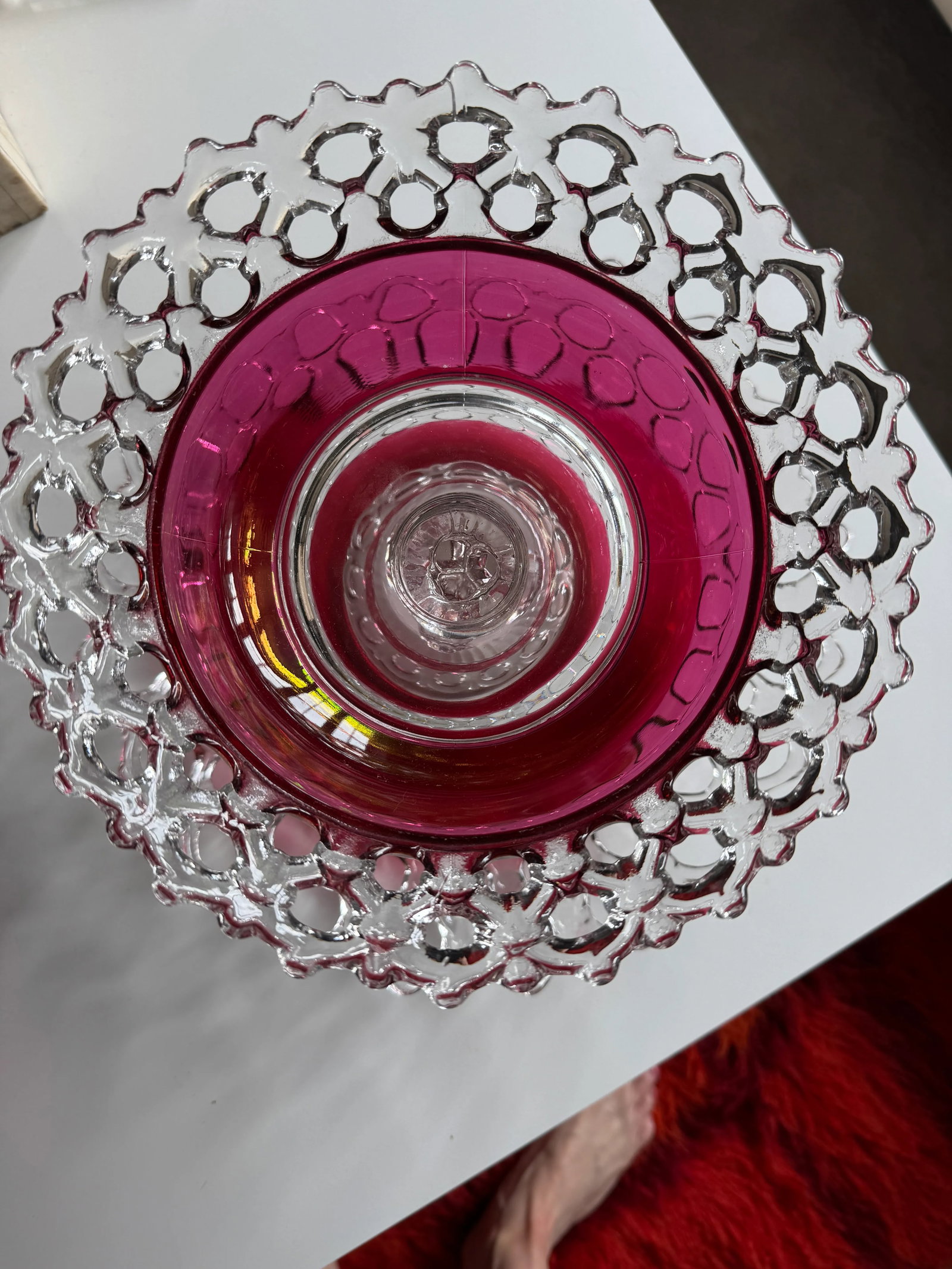 Antique Victorian Cranberry Glass Compote With Underplate - Open Alley / Lace Edge Eapg - 12