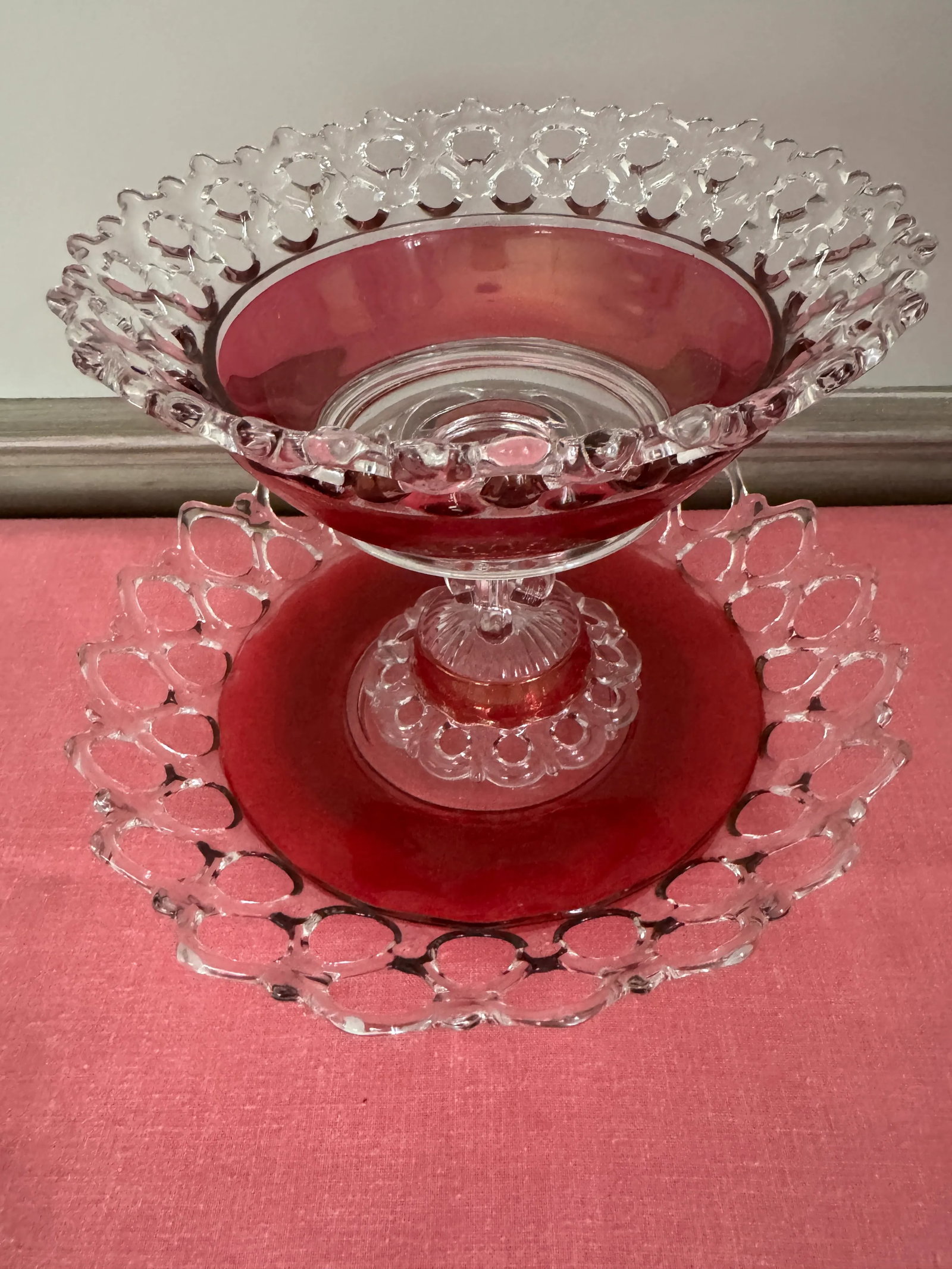 Antique Victorian Cranberry Glass Compote With Underplate - Open Alley / Lace Edge Eapg - 2