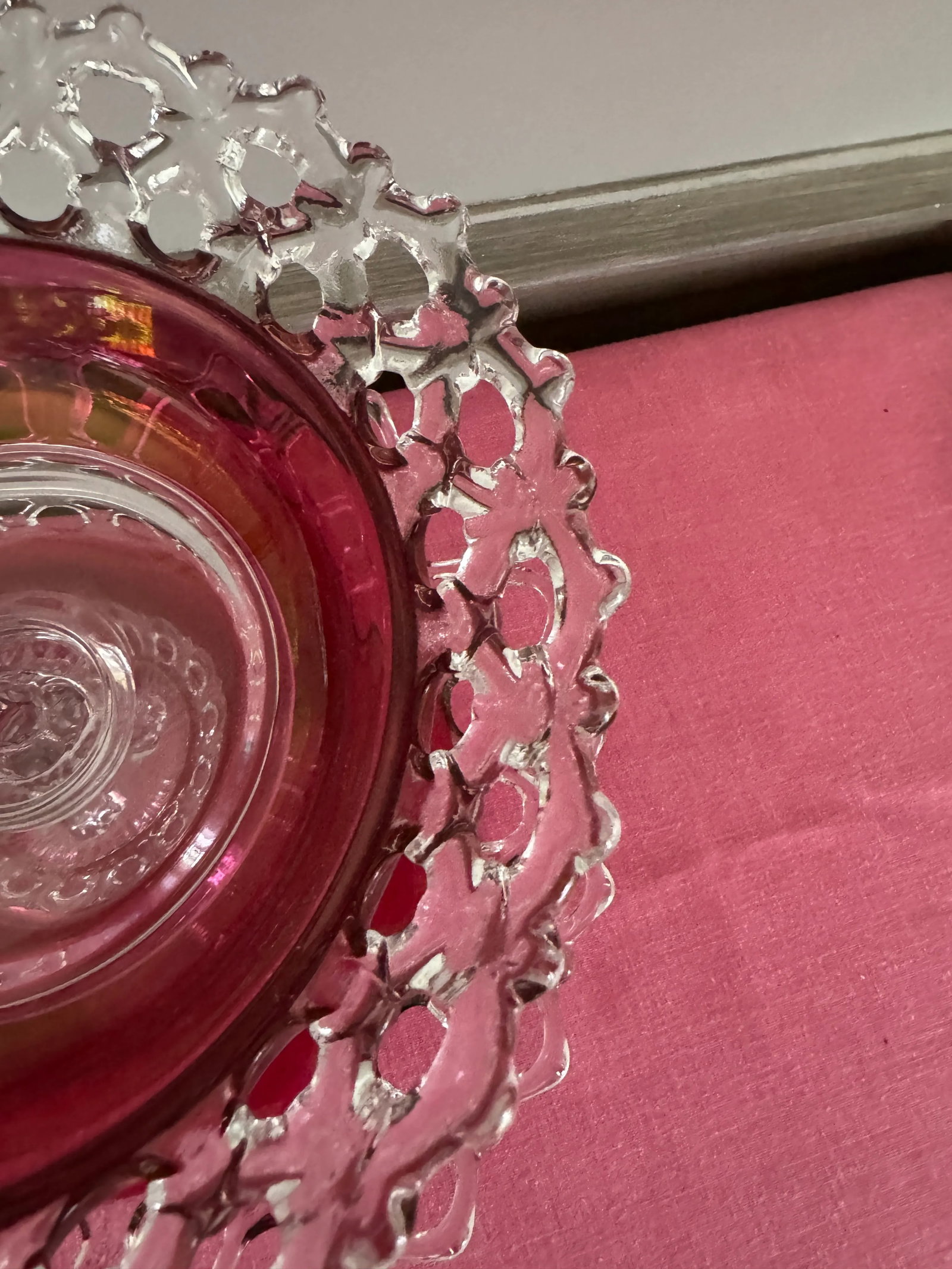 Antique Victorian Cranberry Glass Compote With Underplate - Open Alley / Lace Edge Eapg - 3