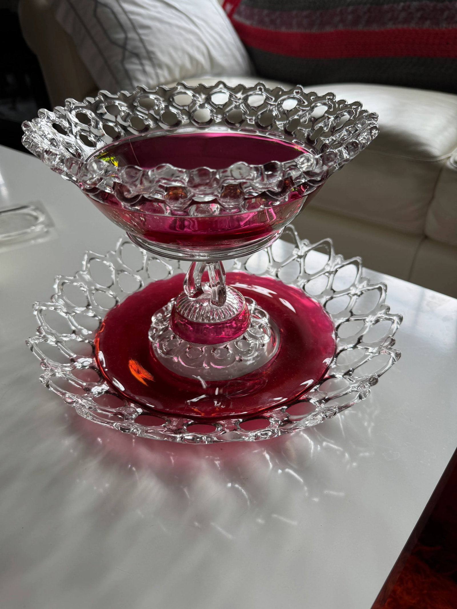 Antique Victorian Cranberry Glass Compote With Underplate - Open Alley / Lace Edge Eapg - 5