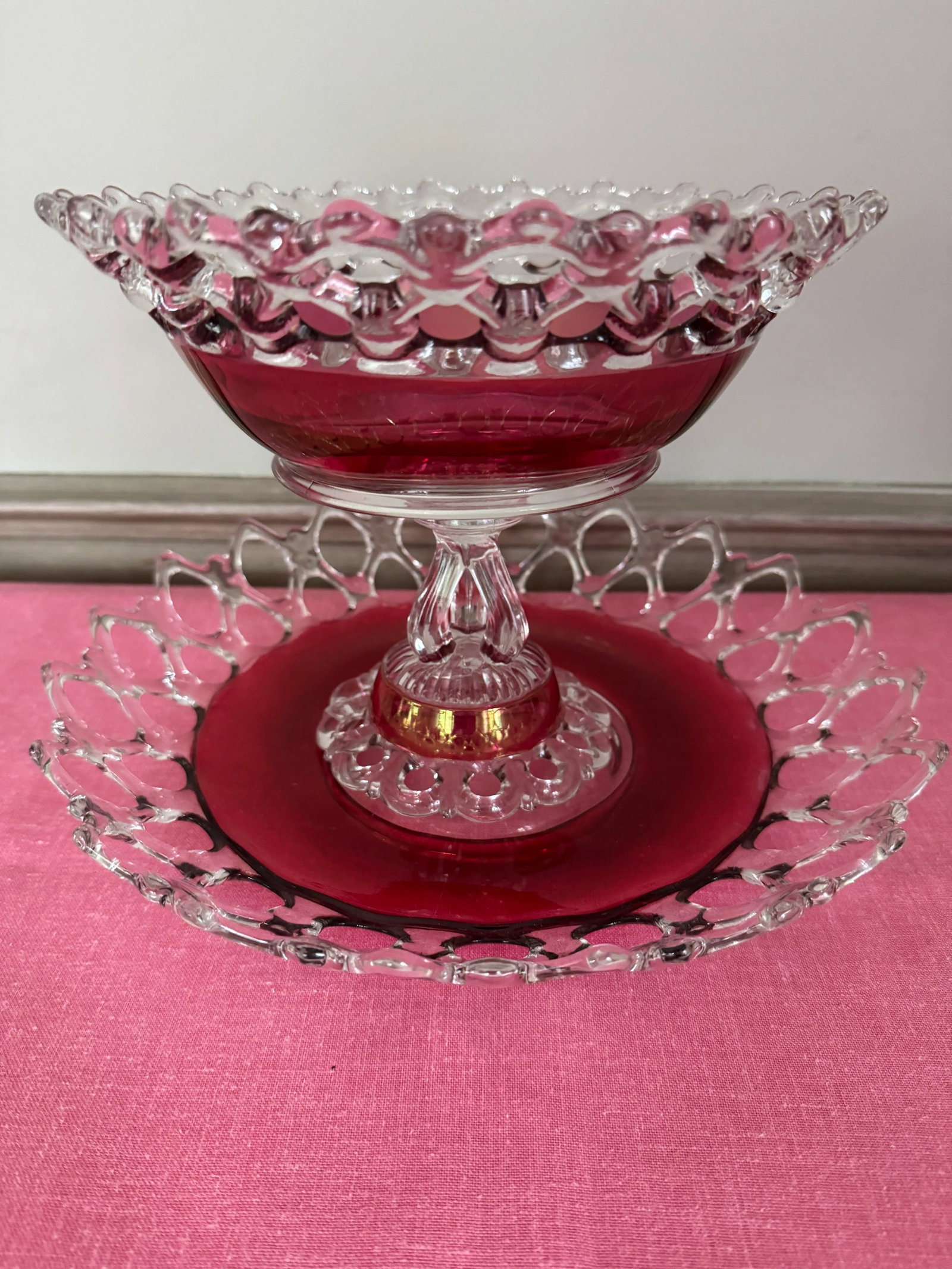 Antique Victorian Cranberry Glass Compote With Underplate - Open Alley / Lace Edge Eapg - 6