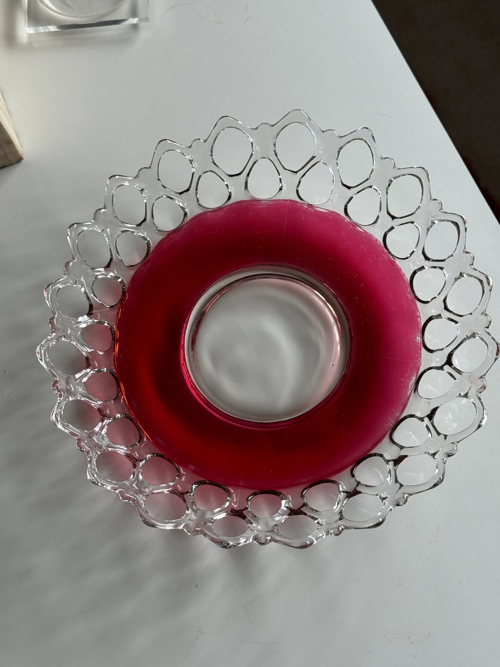 Antique Victorian Cranberry Glass Compote With Underplate - Open Alley / Lace Edge Eapg - 7
