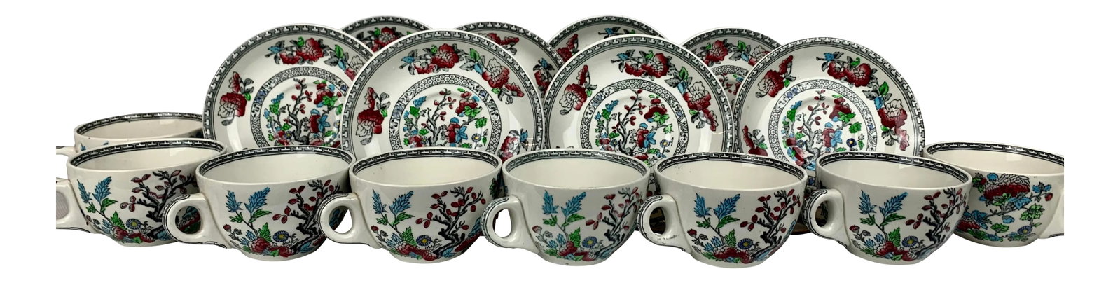 Indian Tree Pattern Cups & Saucers by Wood's Burslem, England - Service for 8: Set of 8 6 oz. cups and saucers in the Indian Tree pattern. The maker is Wood's Burslem, England. The bottom of the ware also states Enoch, 1784 and Ralph, 1750. The off white body boasts bright color