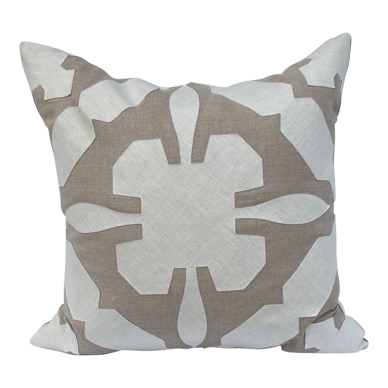 Natural Linen Pillow With White Cotton Applique: Like a snowflake on a natural linen background! High quality natural linen pillow cover with white cotton appliques is the perfect finishing touch for your favorite chair, sofa, or bed! PILLOW COVER: