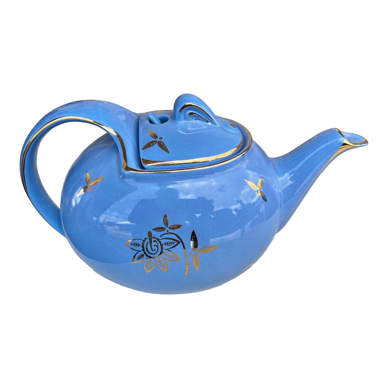 1940s Art Deco Blue & Gold Hall China Tea Pot: Vintage 1940s Hall Cadet Blue Teapot with Gold Trim and Hook Lid. A beautiful smooth shade of Periwinkle Blue with heavy Gold Floral designs and trim accents. This teapot has an Art deco style featuri