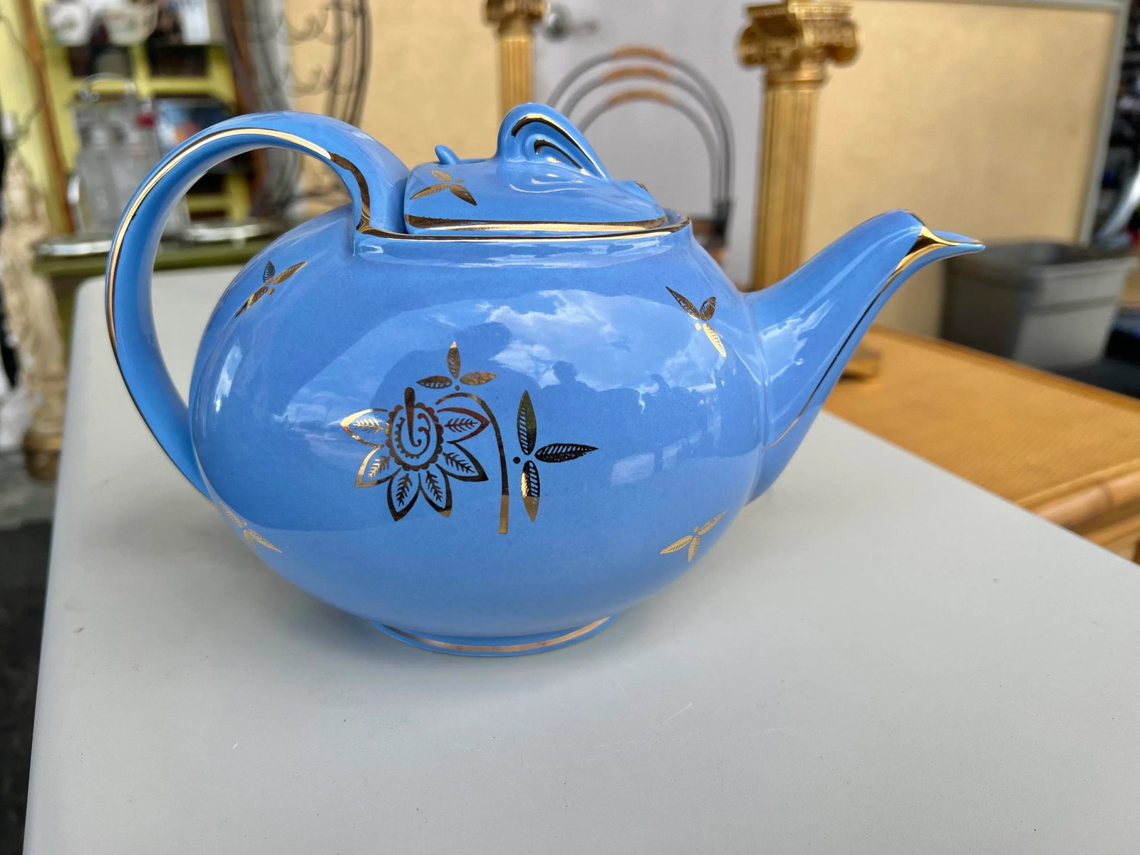1940s Art Deco Blue & Gold Hall China Tea Pot - 4